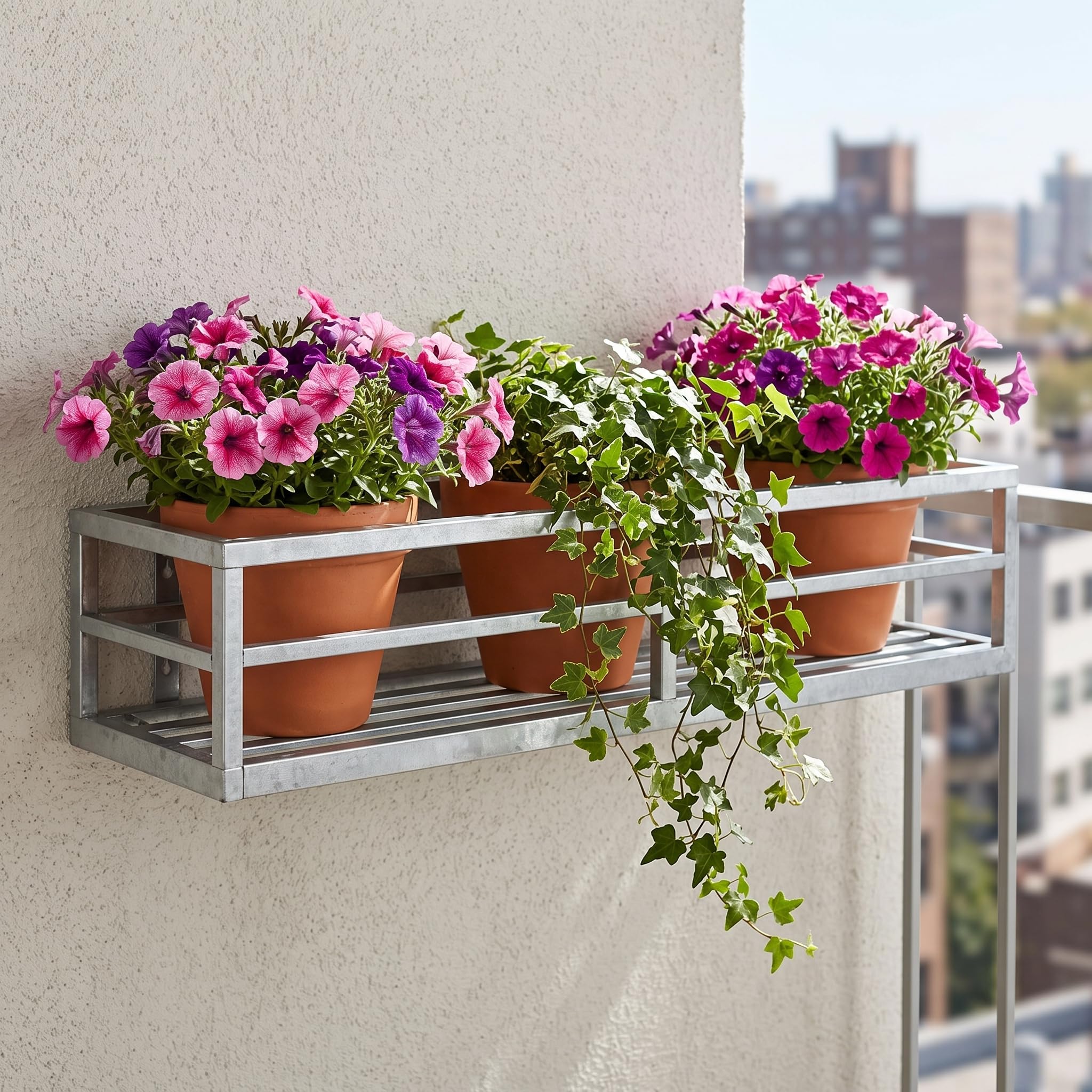 Blumenkastenhalterung für Balkon und Geländer, Robuste Balkonkasten Halterung aus Edelstahl, blumenkasten halterungen Balkon, 2 Haken, Edelstahl, zum Aufhängen, 90×30×16 cm