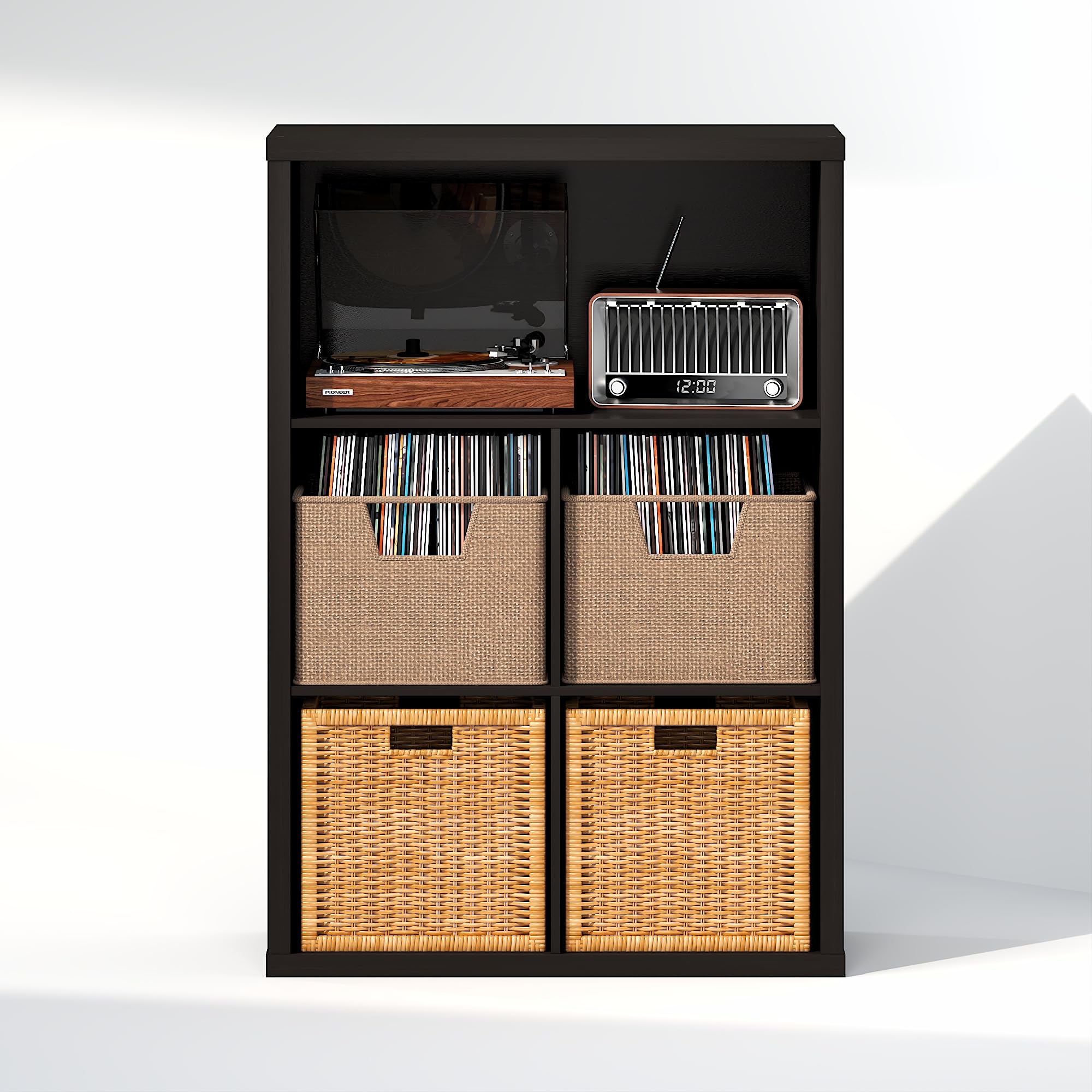 Furinno CUBICLE Mobile per Giradischi con Raccoglitore per Vinili, 5-Cube 1.2 Extra Spesso Raccoglitore per Dischi in Vinile, Scaffale Multimediale per CD DVD Dischi, Rovere Scuro Nero