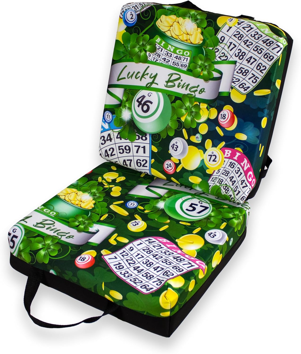 Seat Cushion Saint Patrick's Lucky Bingo Black Pattern Double – Extra Thick 3” Bingo Pillow with Strap, Storage Pouch & Handles – Comfortable Folding Chair Cushion for Bingo Nights