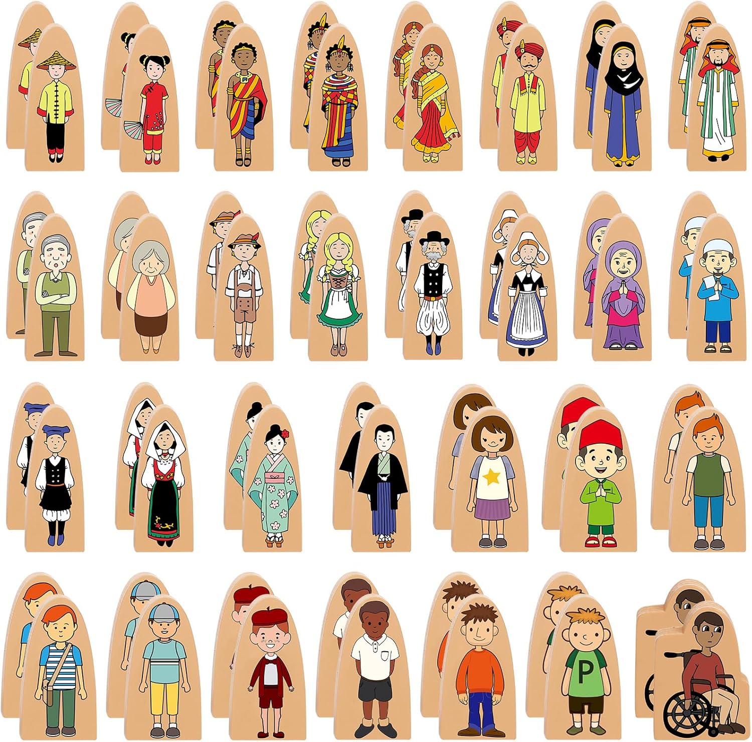 Syhood 60 Pcs Wooden Creative Community Helpers, 2 Sets Multicultural Character Set Cute People Double Sided Figures Block for Classroom Open Ended Educational Learning Diversity Figurines Toy