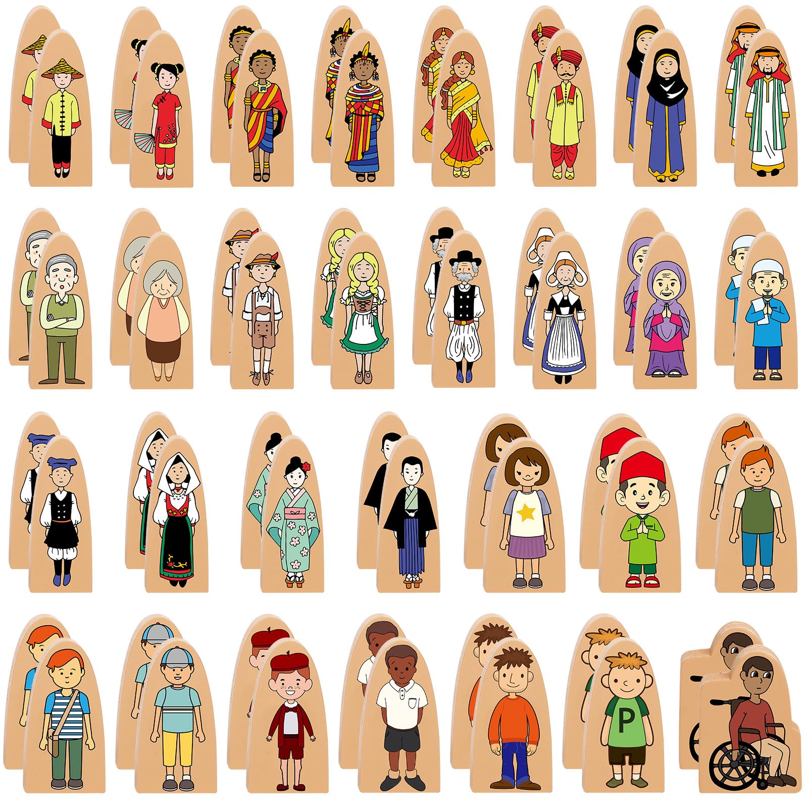 Syhood 60 Pcs Wooden Creative Community Helpers, 2 Sets Multicultural Character Set Cute People Double Sided Figures Block for Classroom Open Ended Educational Learning Diversity Figurines Toy