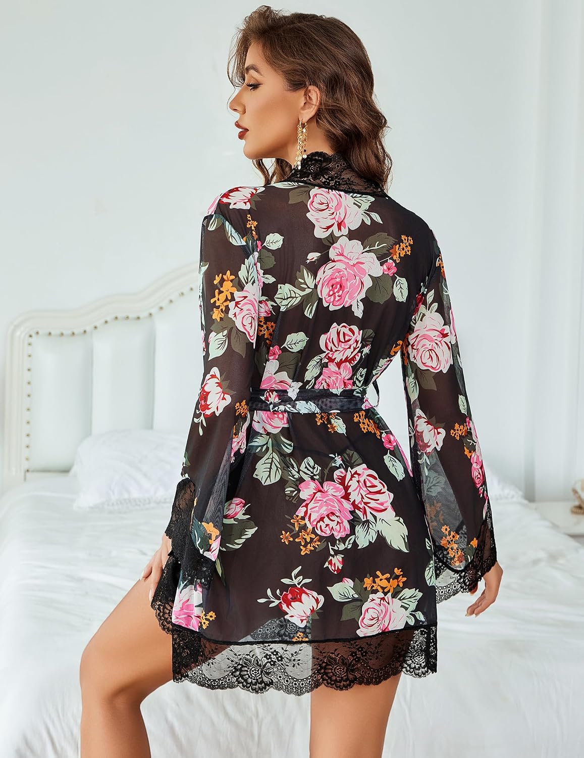 Avidlove Women Lace Kimono Robe Babydoll Sexy Lingerie Mesh Chemise Nightgown Cover Up