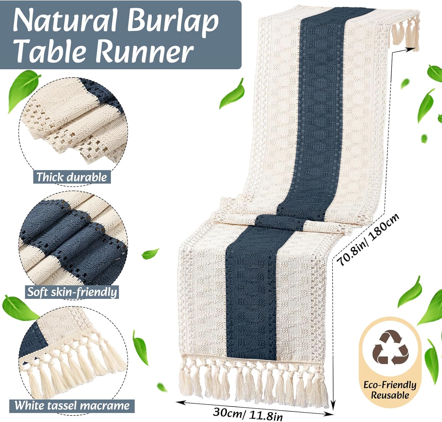 Set of 6 Table Runner and Placemats Boho Napkin Rings, Farmhouse Macrame Table Runner Rustic Round Woven Decorative Place Mats for Bohemian Kitchen Dining Tables Decor (Blue)