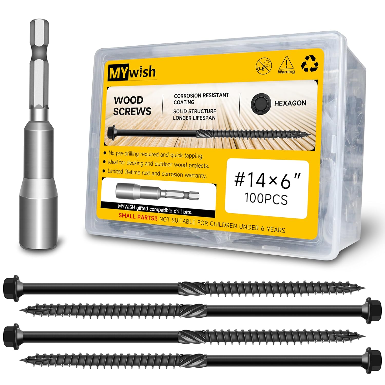 100Pcs 6 Inch Wood Screws, #14 x 6 Heavy Duty Outdoor Wood Screws Assortment Kit Deck Screws, Long Screws Black Timber Screws Lag Bolts, Hex Socket Head Log Landscaping Black Screws by Mywish