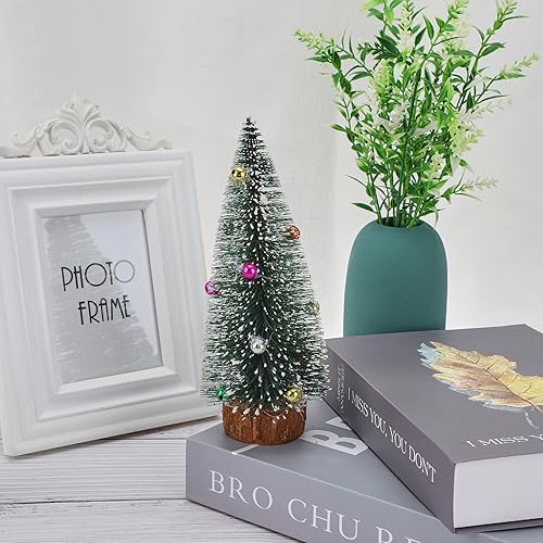 Miniatura 8 de 3 árboles de Navidad artificiales de sisal esmerilado, árboles de cepillo para botellas con bases de madera y bolas de adornos, pequeños árboles de