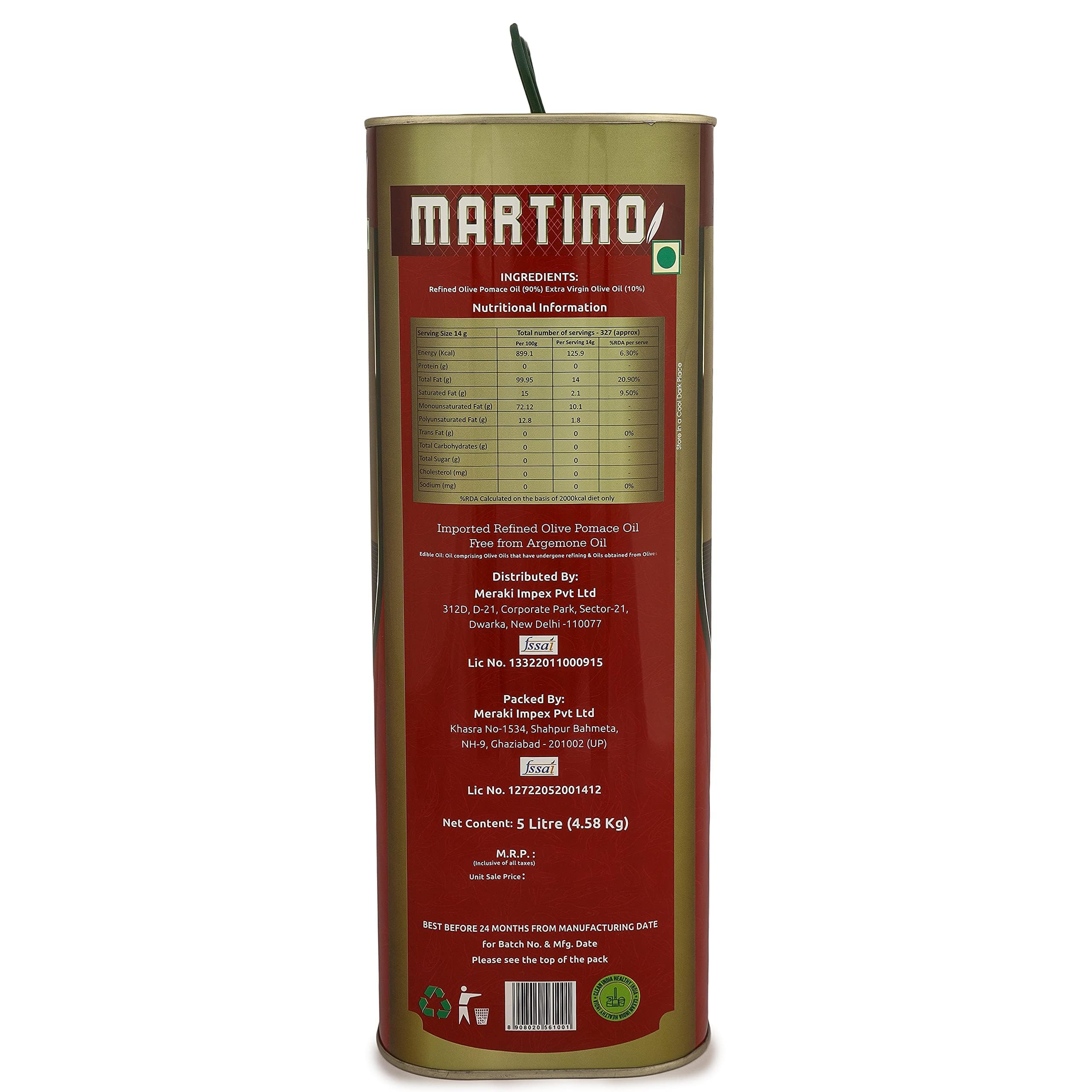 Martino Pomace Olive Oil 5 litre Tin Ideal for Deep Frying, Roasting & Sautéing Rich Neutral Flavour & High Smoke Point Versatile Edible Cooking Oil for Indian Cuisine 4
