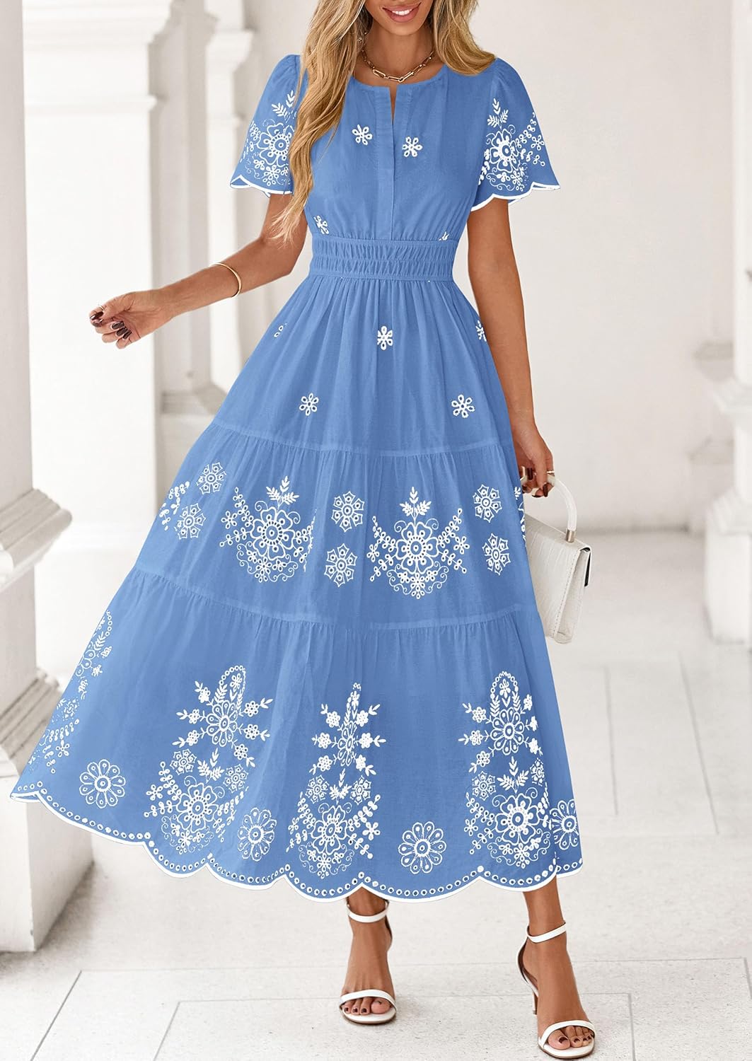 PRETTYGARDEN Boho Dresses for Women 2026 Summer Spring Casual Floral Short Sleeve V Neck Maxi Elastic Waist Dress Pockets - Image 5