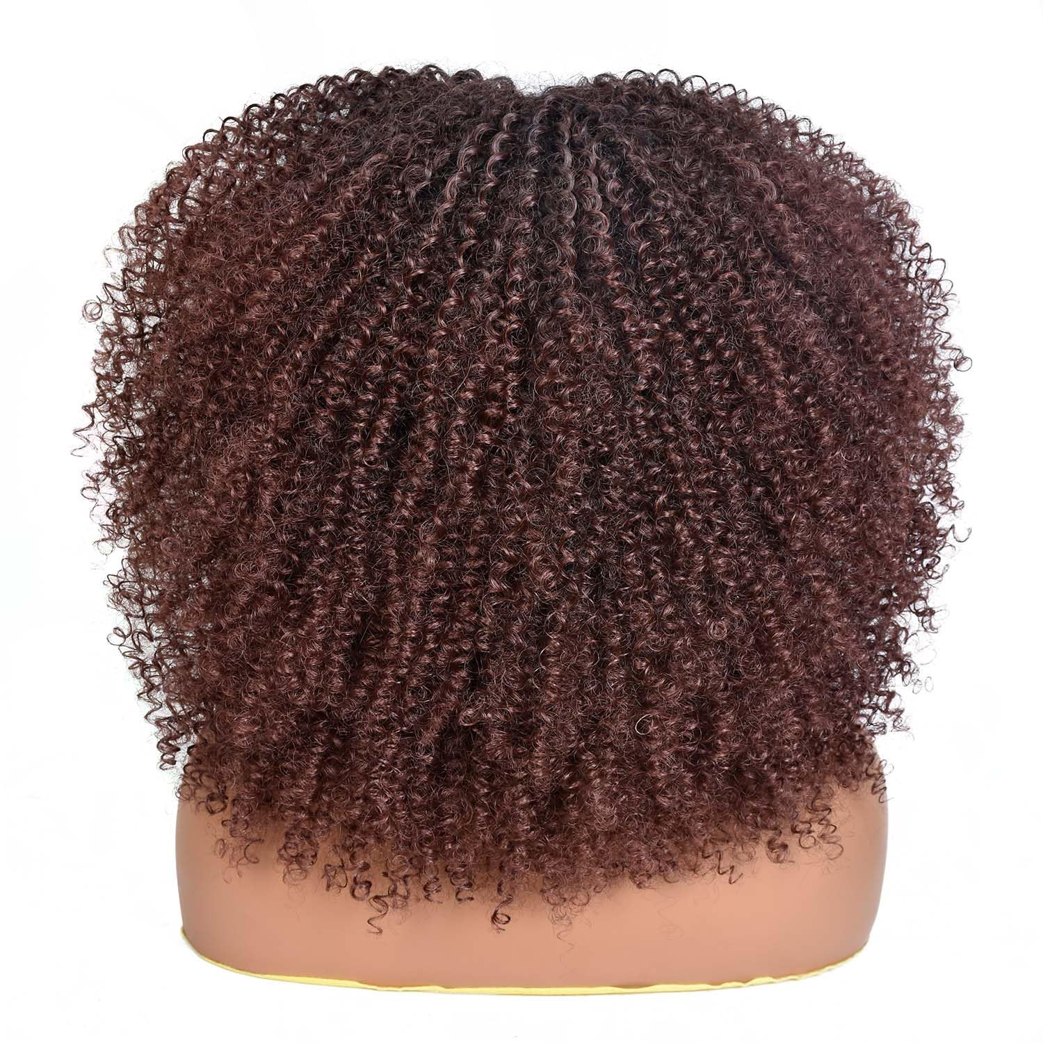 Afro Curly Wig with Bangs Short Synthetic Afro Wig Black Kinky Curly Wigs for Women Shake and Go Wigs for Daily And Party Use (Black Mixed Brown, 14 Inch)