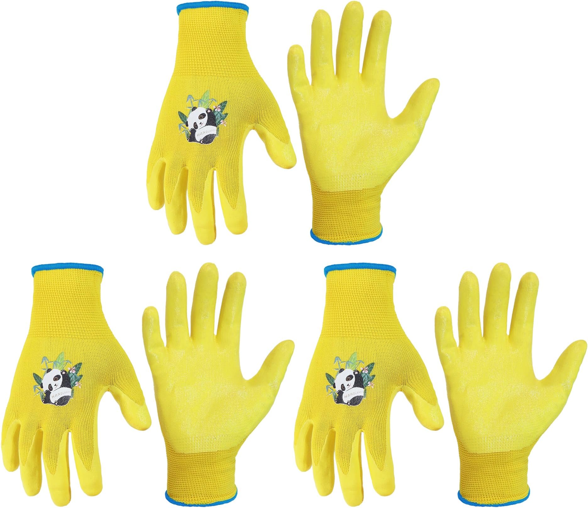 HANDLANDY 3 Pairs Kids Gardening Gloves for Age 2-13, Toddler Children Garden Yard Work Outdoor Playing Gloves, Rubber Coating, for Girls Boys Youth (Yellow, Size 3, Age 4-5)