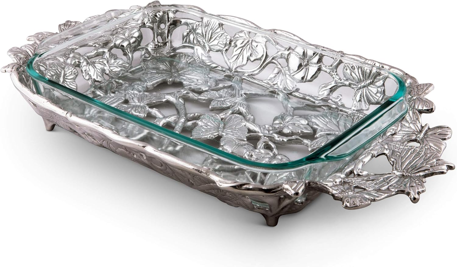 Arthur Court Metal Pyrex Glass Casserole Dish Holder Butterfly Pattern Sand Casted in Aluminum with Artisan Quality Hand Polished Design Tarnish-Free Spring Flower 21 inch Long 3 Quart Removable Glass