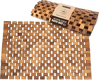Acacia Wood Bath Mat - Non Slip Sturdy Wooden Shower Mat - Spa, Sauna, Cold Plunge, Camping, Bathroom Décor, Wood Door Mat 20" x 32"