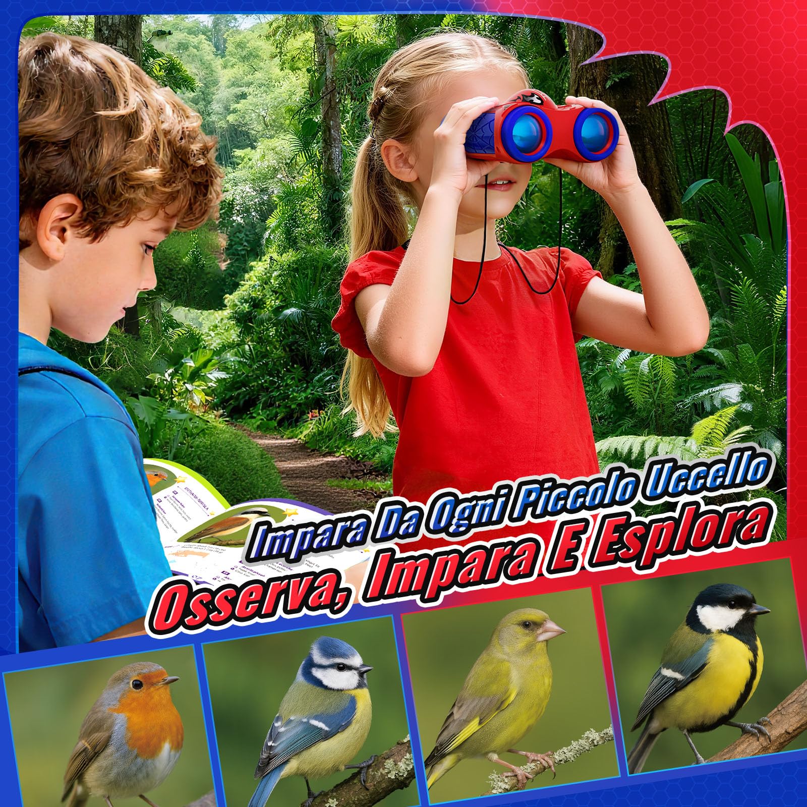 Binocolo Bambini con Bussola e Guida Uccelli, Binocoli Regalo Bambino Gioco Bimbo 3 4 5 6 7 8 9 Giochi Esterno Giardino Bambini Giocattoli Bambino 3-12 Anni Maschio Compleanno Pasqua Regalos