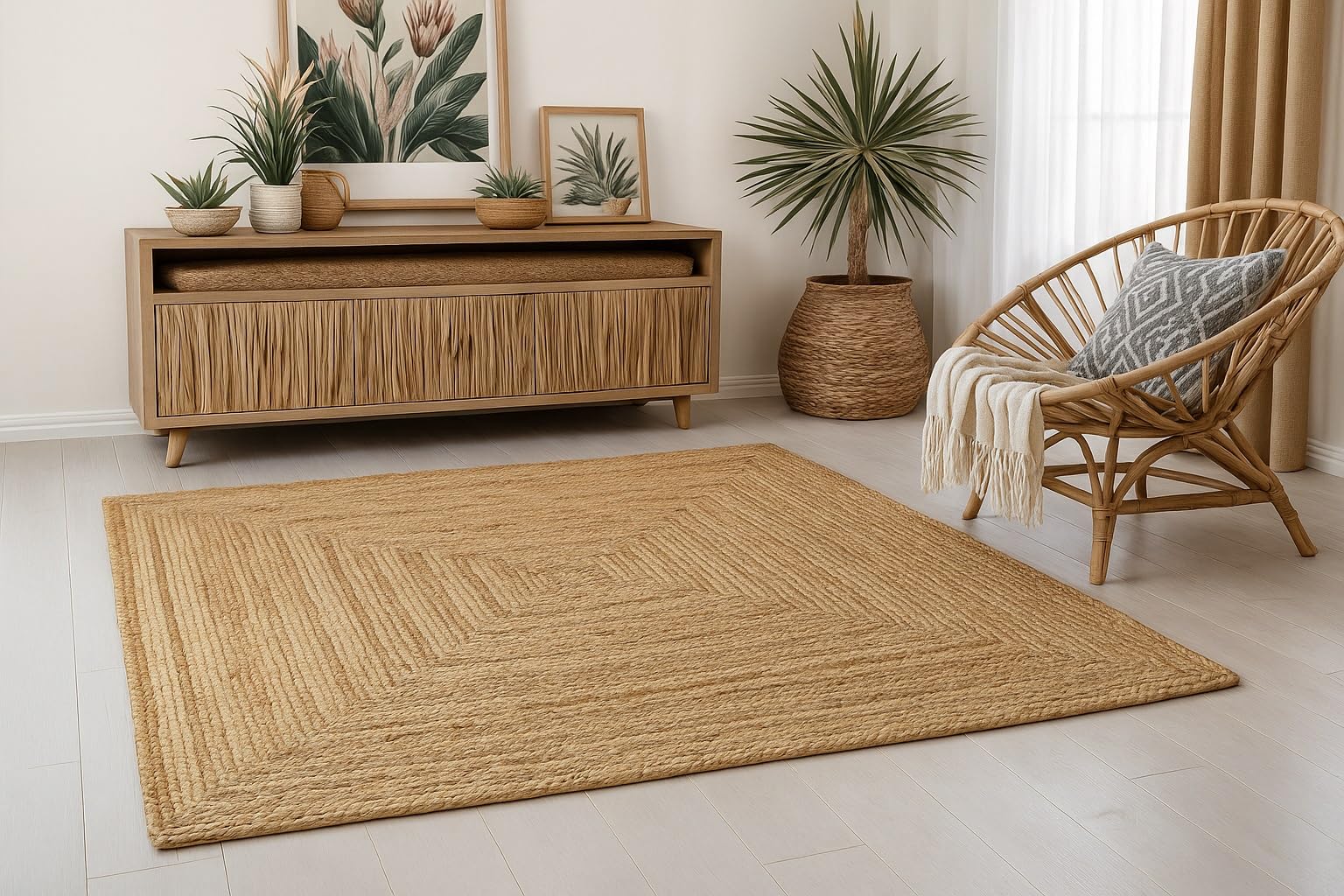MY-RUG Jute Teppich 120x120 cm - Juteteppich Handgewebt - Natur Beige | Nachhaltiger Sisalteppich in Sisal-Optik, OEKO-TEX zertifiziert, ideal für Wohnzimmer, Boho-Stil und Saugroboter geeignet