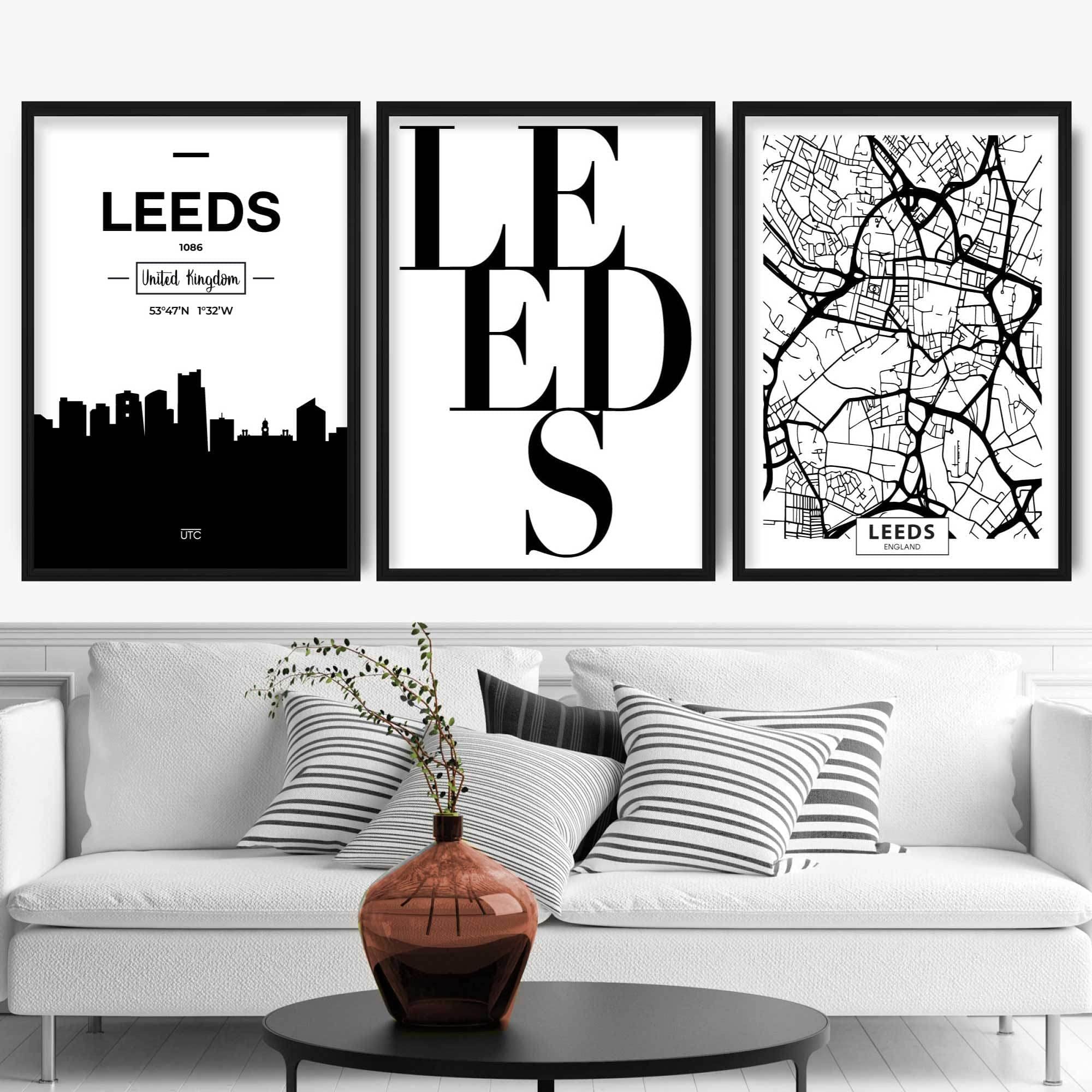 Artze Wall Art Leeds Skyline Street Map City Prints 3-Piece Set, 40 cm Width x 50 cm Height
