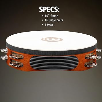 Meinl Percussion TAH2AB Traditional 10-Inch Wood Tambourine with Goat Skin Head and Steel Jingles, 2 Row