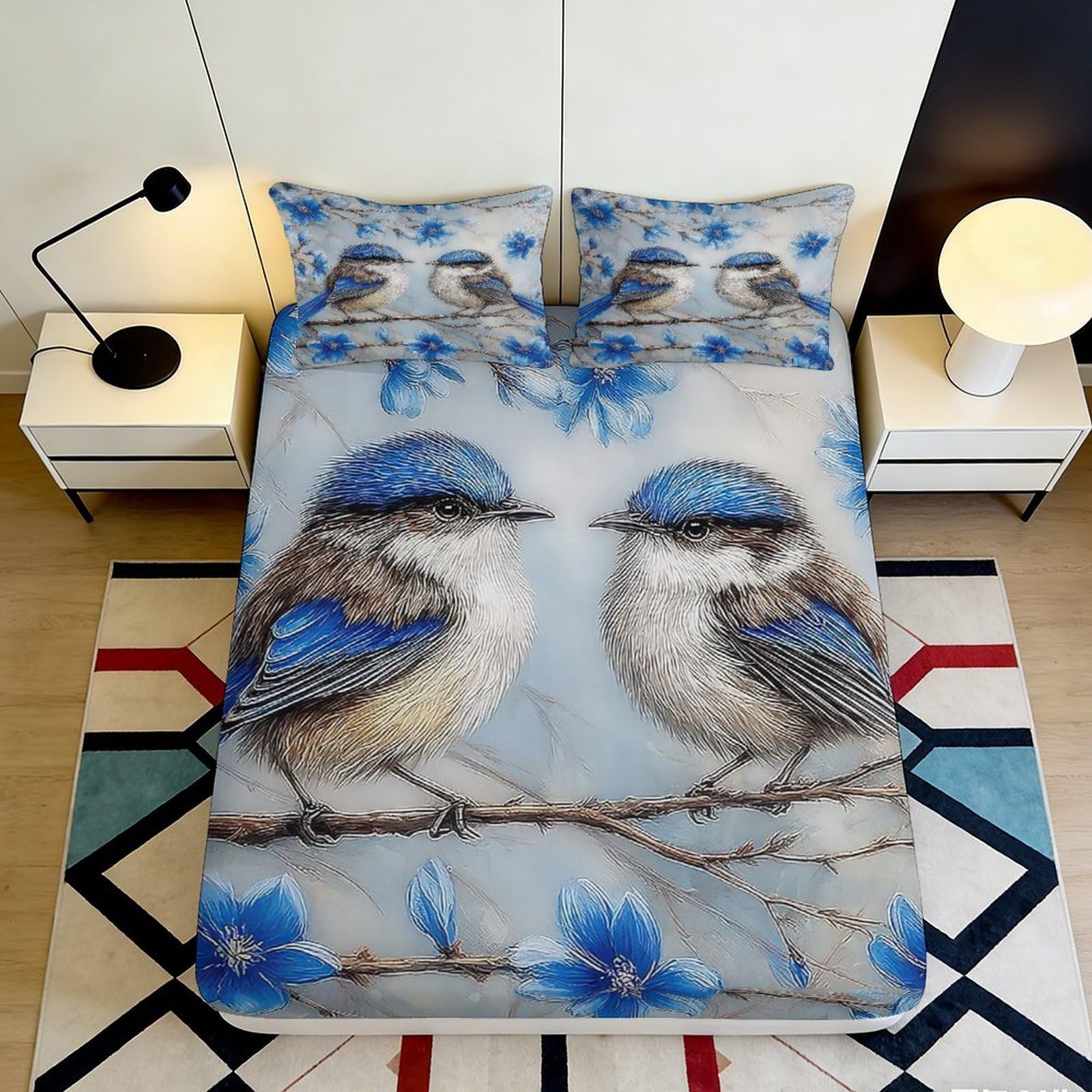 3D Printed Blue Bird Branch Fitted Sheet Microfiber Soft Mattress Cover for Bedroom Guest Room Decor, Easy Care 90x200x25cm