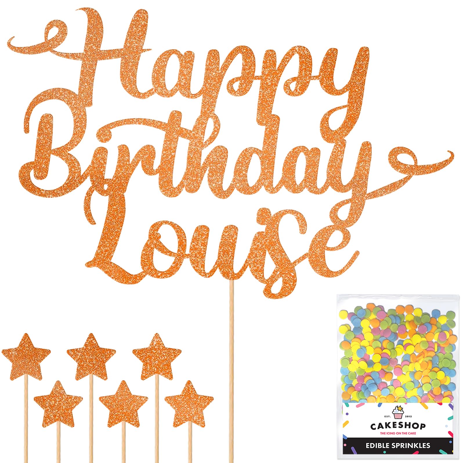 Personalised Happy Birthday Glitter Cake Topper - Copper Orange Any Name Glitter Cake Decoration and Sprinkles - Happy Birthday Decorations - Personalised Toppers for Cakes by Cakeshop