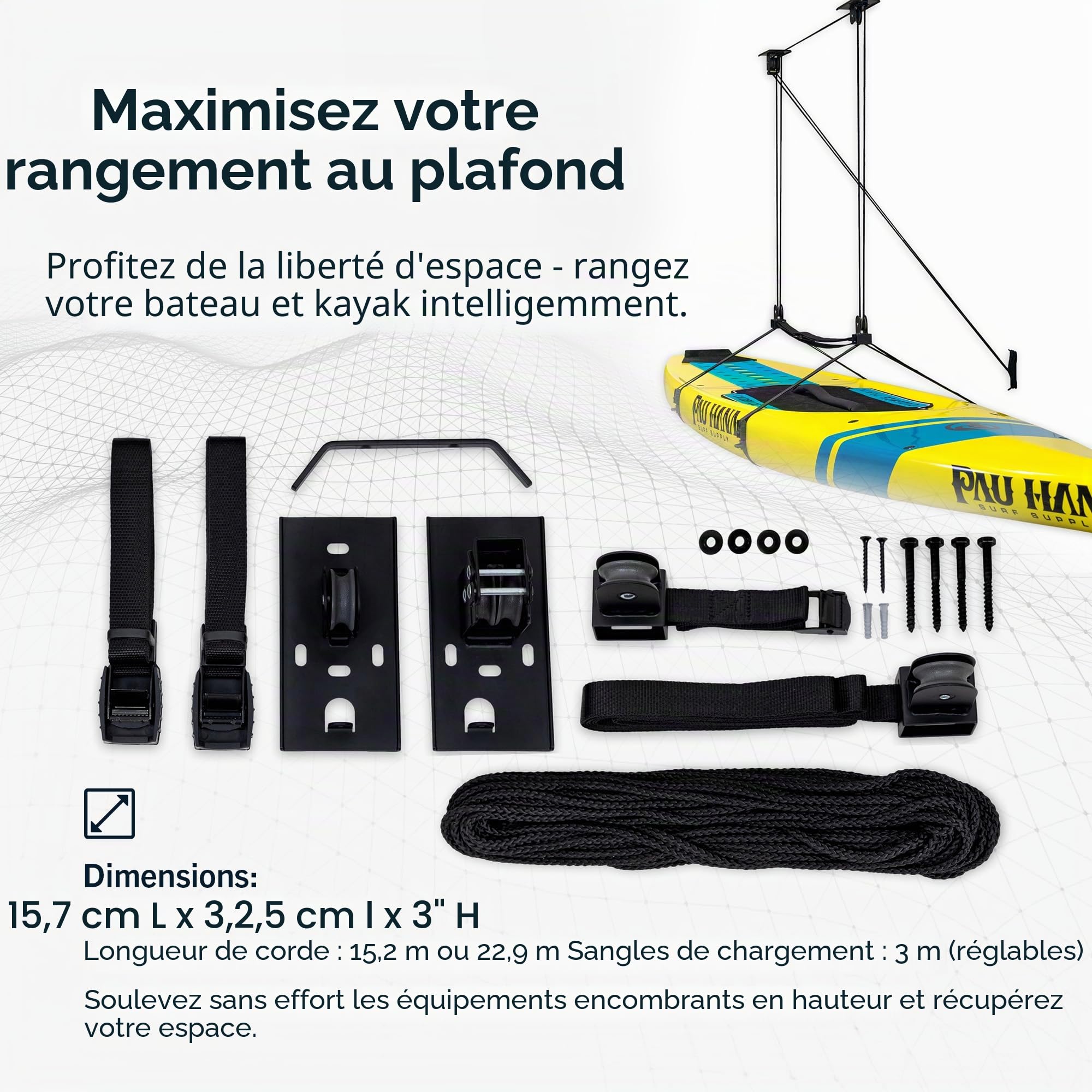 StoreYourBoard Système de poulie de Plafond pour Kayak et canoë - Support de Garage - Robuste - Peut contenir 68 kg - Organiseur d'intérieur