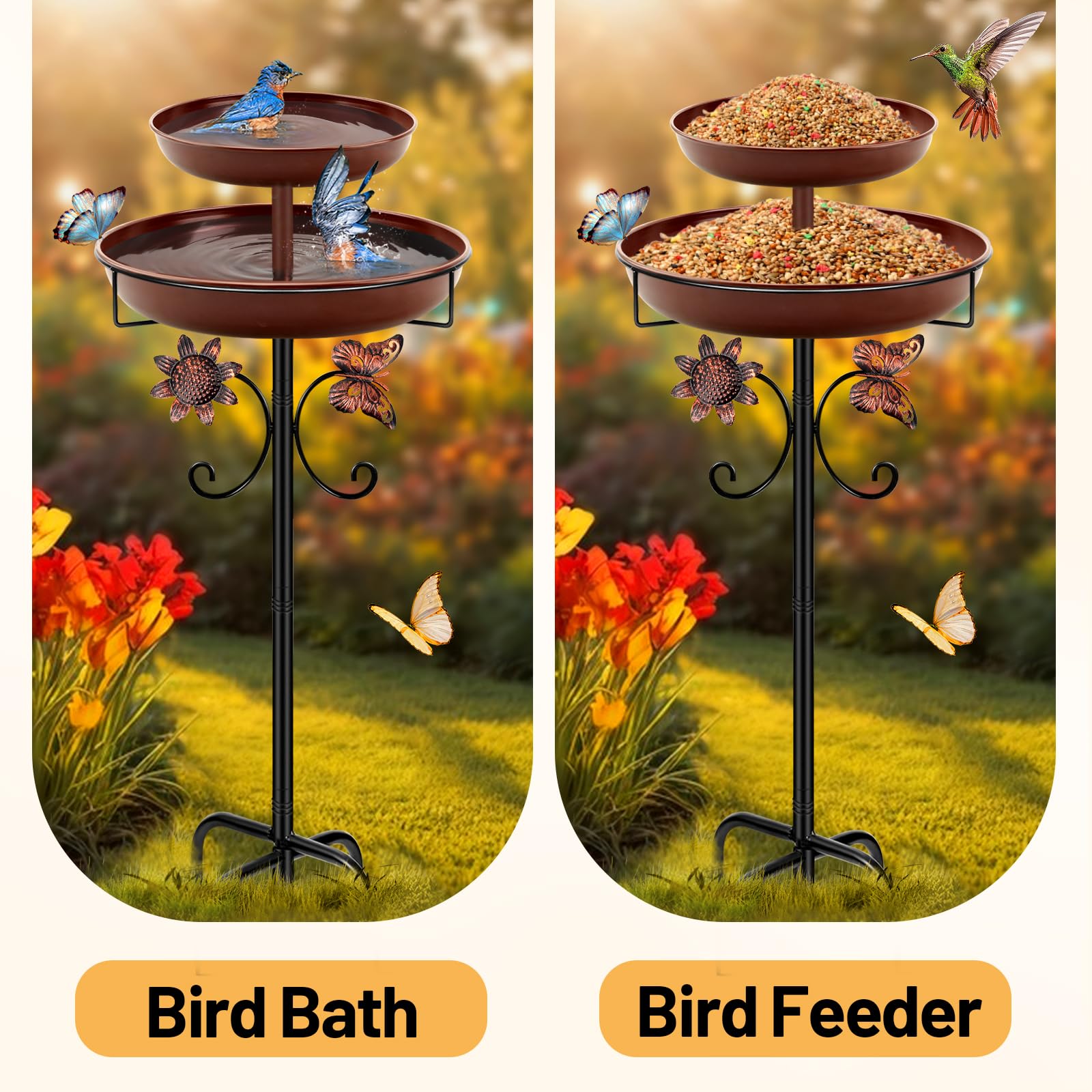 Mngren Bebedero para pájaros de pie, baño para pájaros para exterior, jardín, 2 en 1, de metal, bebedero para pájaros, bebedero para pájaros antiguo, resistente al invierno, cuenco de agua (marrón)