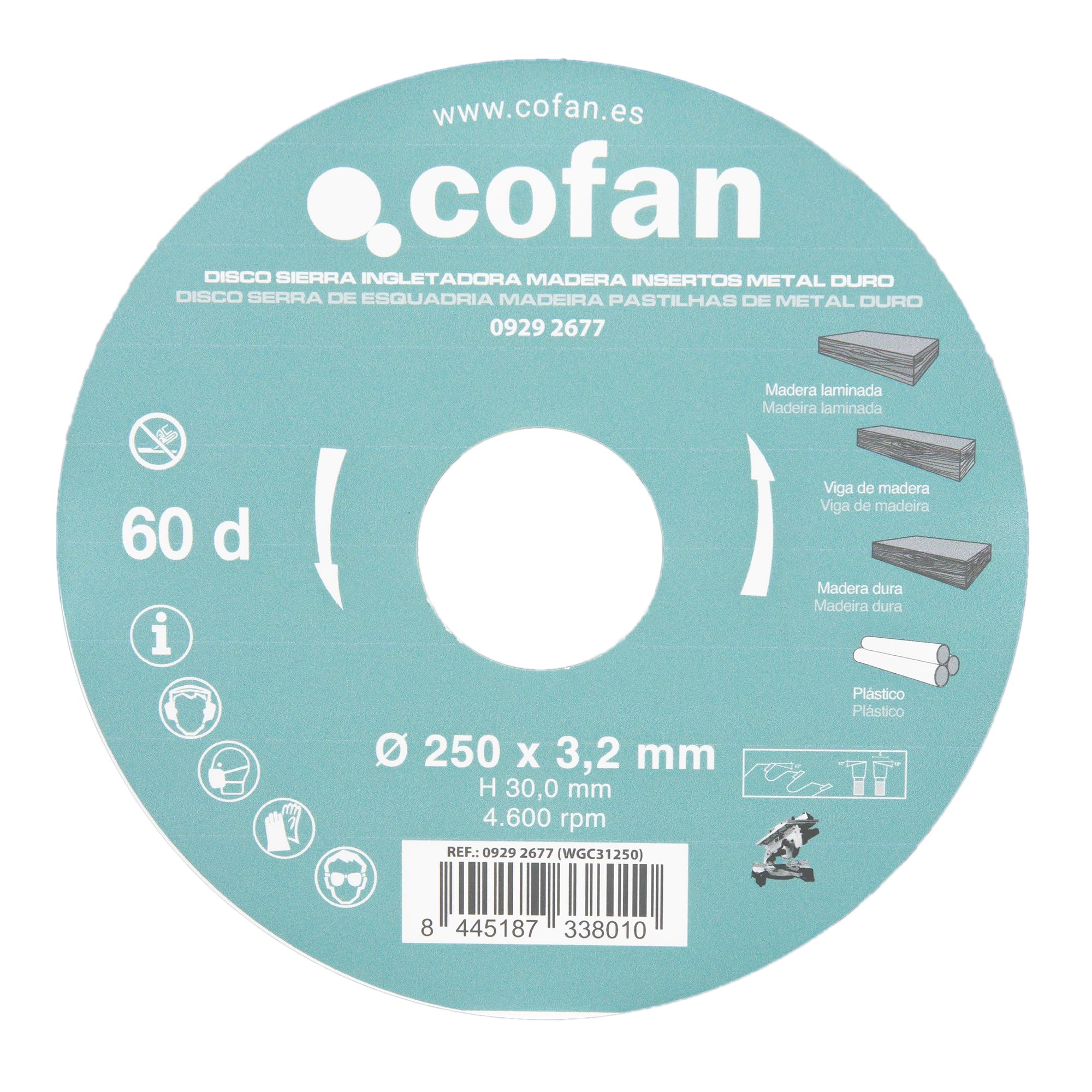 Cofan Hoja de sierra ingletadoraa | 60 dientes | Adecuado para madera dura, plástico y madera laminada | Insertos de metal duro | 250 x 30 mm | Grosor del disco: 3,2 mm