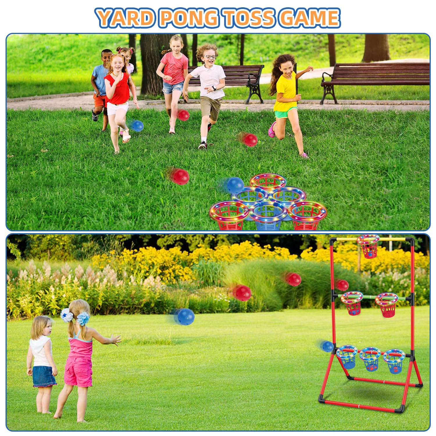 Gartenspiele für Kinder Erwachsene - 3-In-1 leitergolf, Gartenpong mit 6 leuchtenden Körben, Sitzsack Wurfspiel - Wurfspiel Outdoor für Familienfeiern