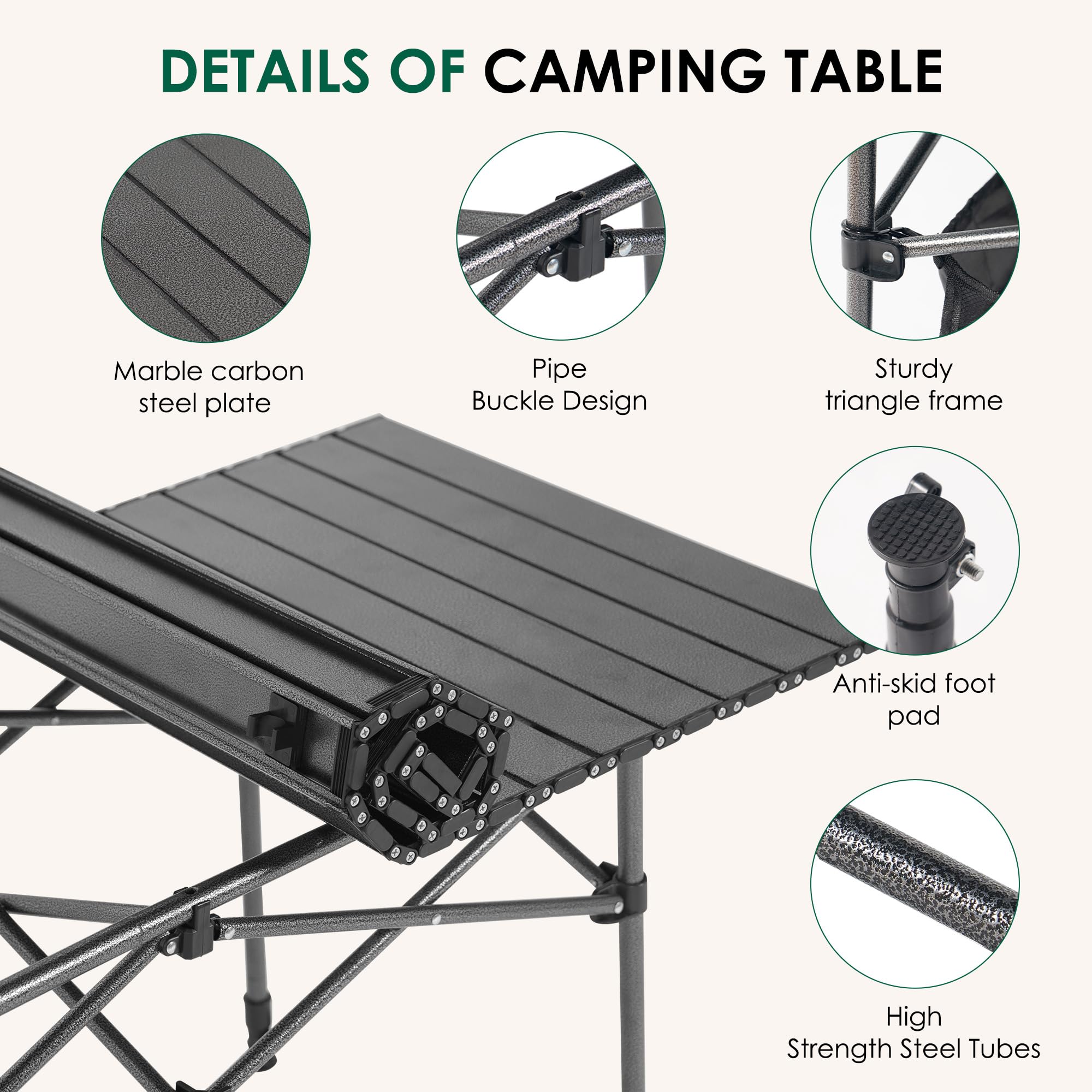 SogesPower Tavolo Campeggio Pieghevole, Altezza Regolabile 55-80cm, Piano Arrotolabile 120x55cm, Acciaio Carbonio Leggero 4,4kg, Capacità 80kg, Tasca a Rete + Borsa Trasporto, Nero