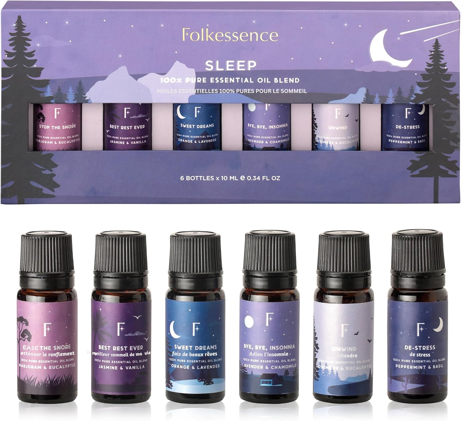 Folkulture Sleep Essential Oil Set for Diffusers | Aromatherapy Essential Oils Gift for New Year Relaxation & Better Sleep | Lavender, Rosemary, Peppermint | 6-Pack Pure Oils for Home Wellness