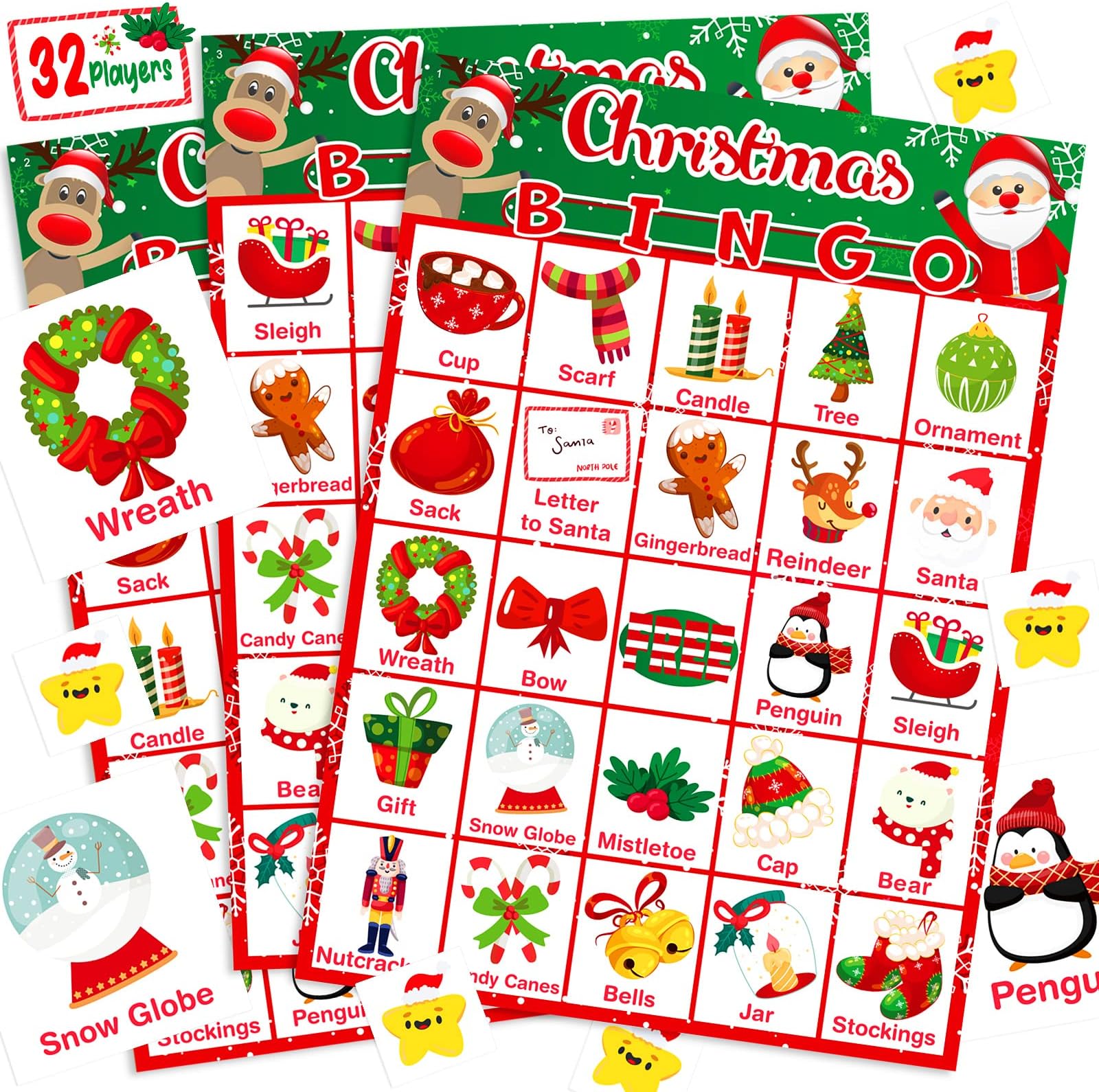 Christmas Bingo Game Card for Kids, 32 Players Christmas Party Favor for Kids Adults Christmas Bingo for Family School Classroom Games Activities
