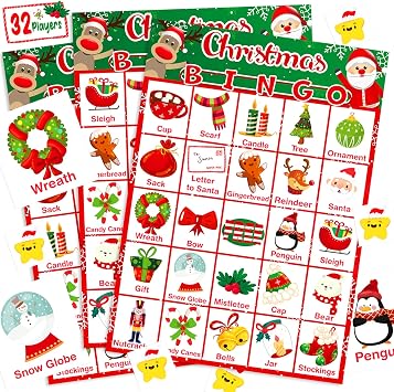 YEGEER Christmas Bingo Game Cards - 6x8.5-Inch, 32 Players Supported | Family & Classroom Party Favors for Kids & Adults | Reusable Holiday Games for School/Church Activities