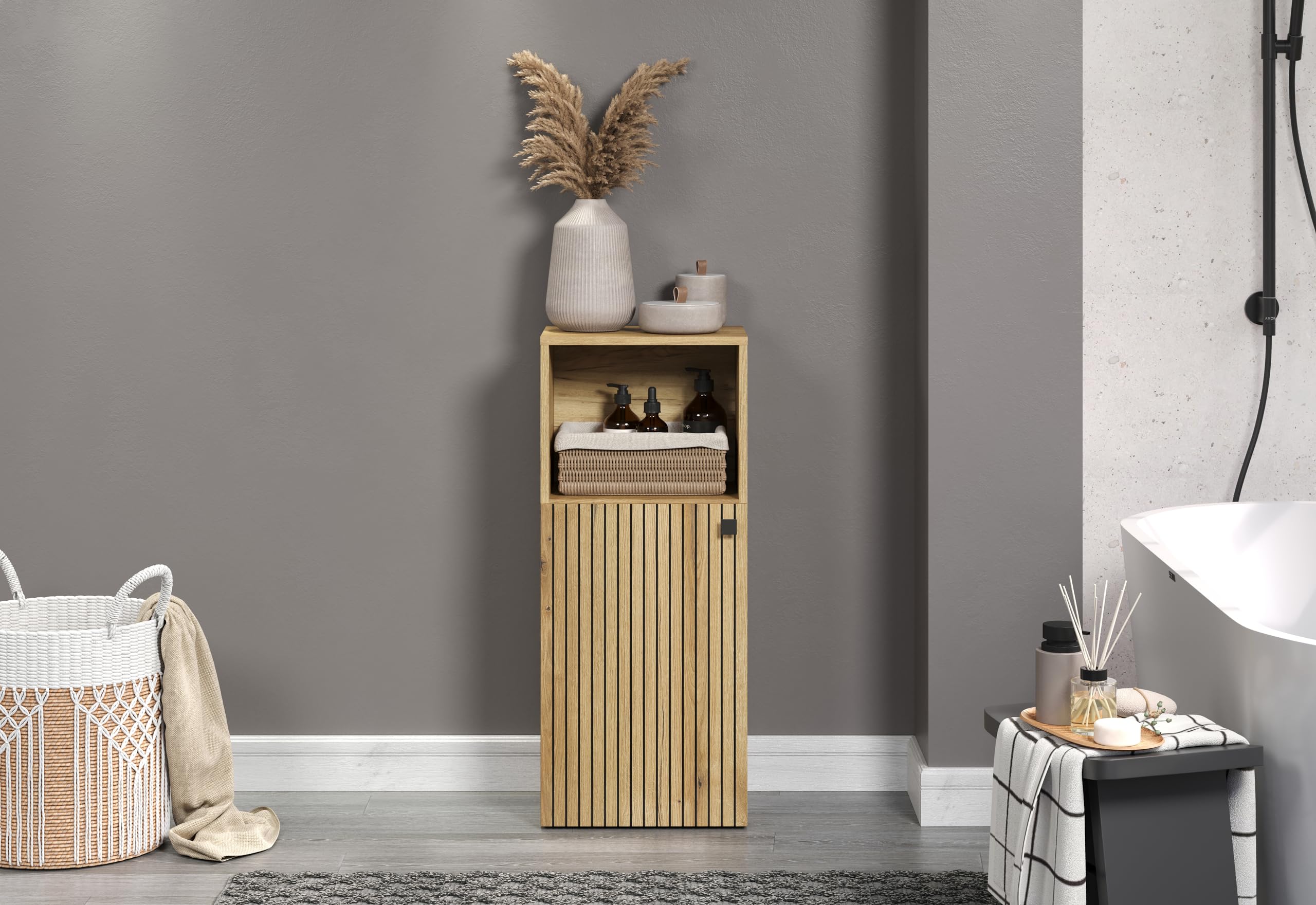 trendteam smart living - PureBliss - Kommode - Eiche - Badschrank in angesagter Rillenoptik - (BxHxT) 40 x 95 x 31 cm - schwarzer Metallgriff - 1 offenes und 2 geschlossene Fächer - kratzfest
