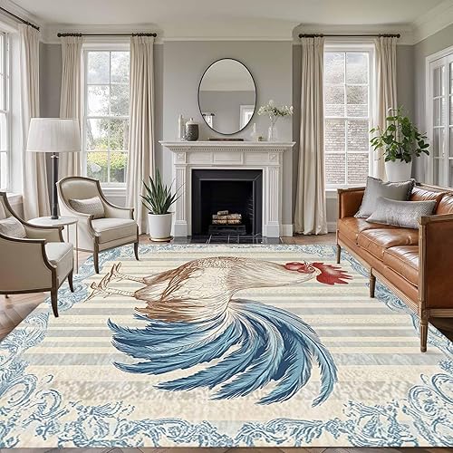 Miniatura 2 de 8x10 Area Rugs, Retro Rooster Non-Skid Rubber Backing Large Rectangle Rugs - Living Room Bedroom Home Office, Blue Farmhouse Animals Watercolor