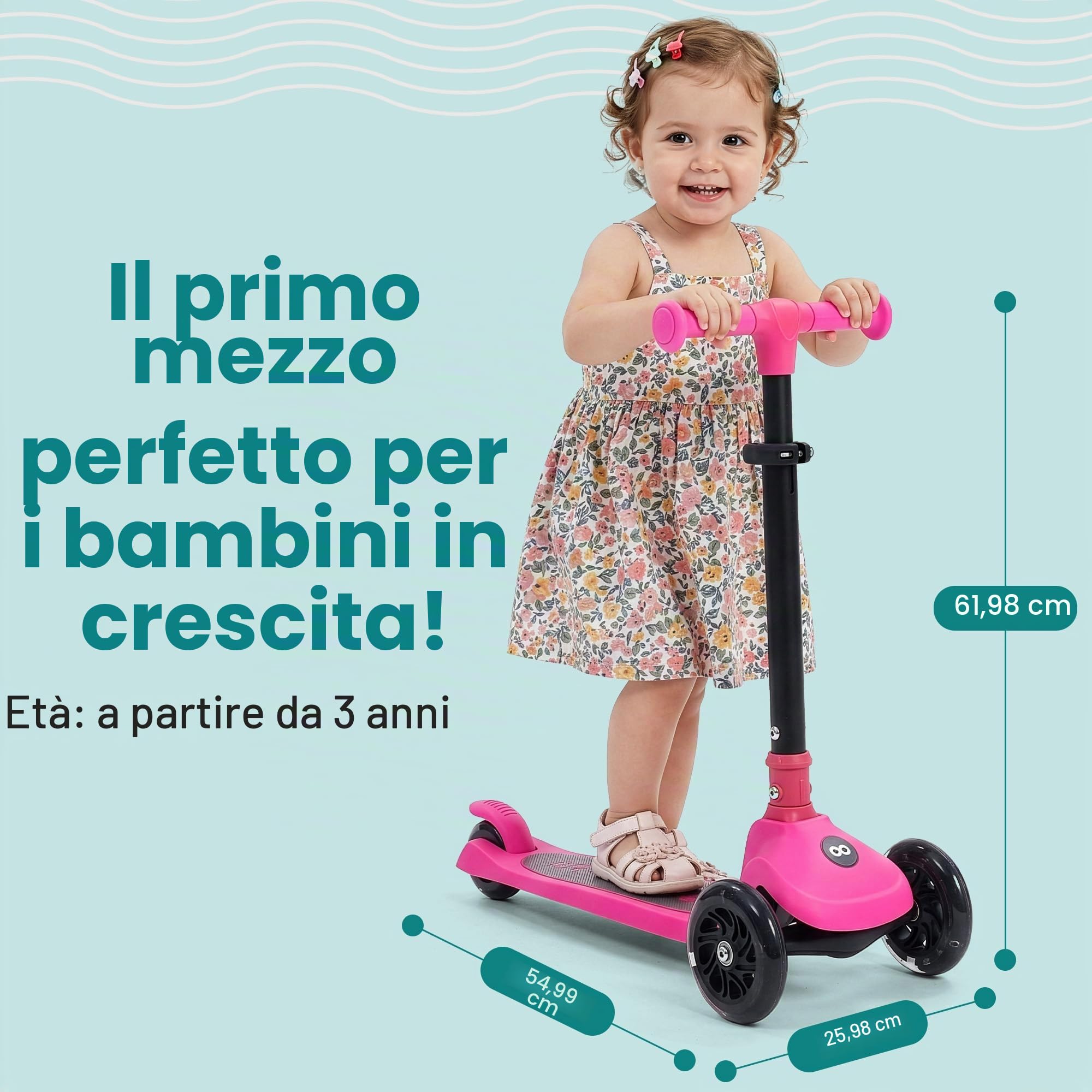 SereneLife Monopattino Bambino Pieghevole, Monopattino Bambina a 3 Ruote con Luci LED, Manubrio Regolabile e Freno, Monopattino a 3 Ruote, Scooter per Bambini e Bambine dai 3 Anni fino a 50 kg