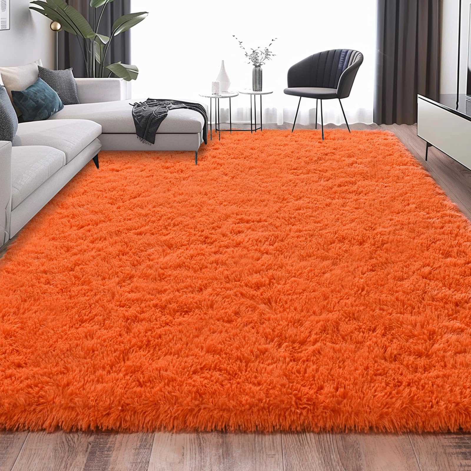 Alfombra suave y esponjosa para sala de estar de 6 x 9 pies, color naranja, lavable | Alfombra antideslizante de 6 x 9 pies para dormitorio, alfombra de felpa mullida de pelo alto, resistente al fuego