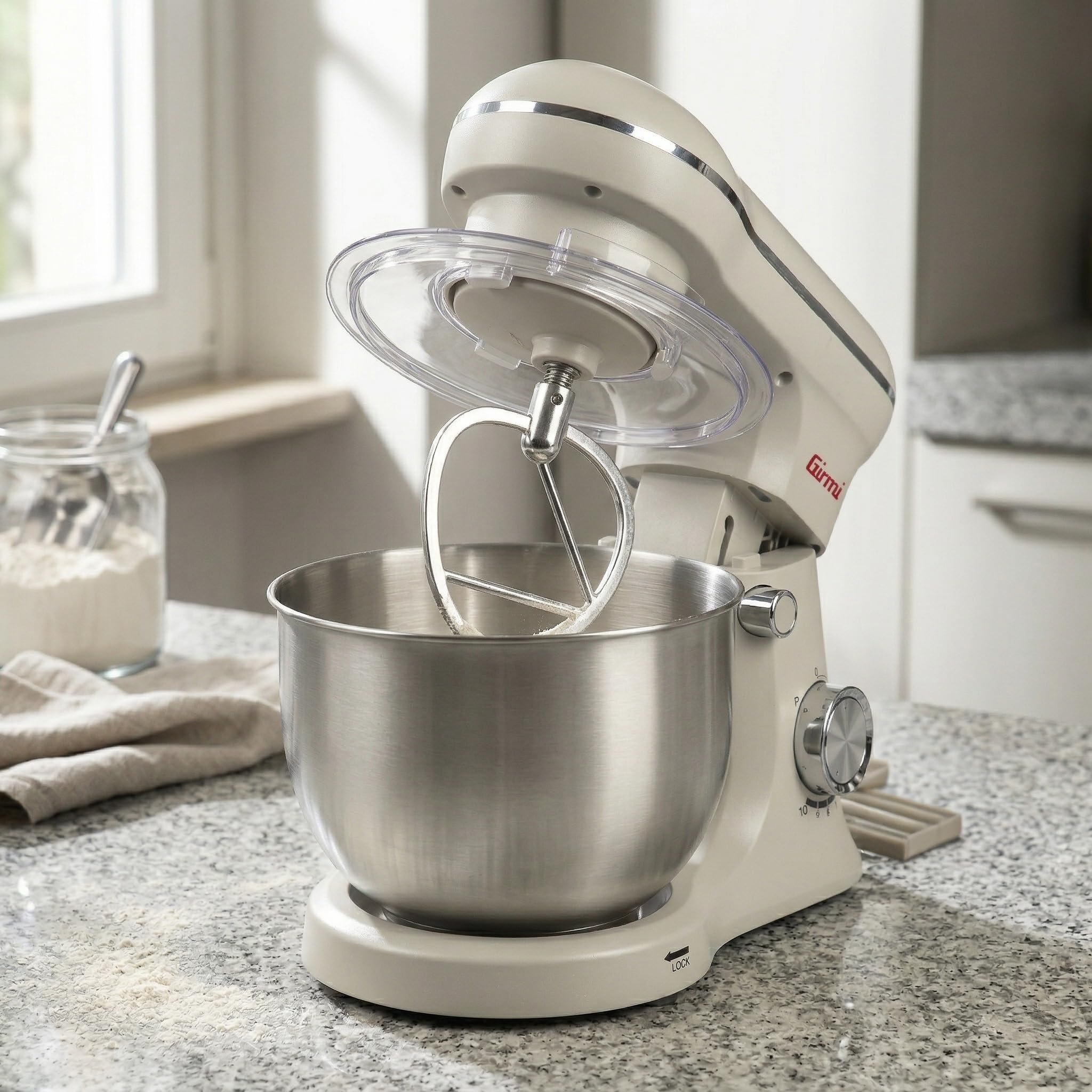 Girmi IM21W Batidora amasadora 5 L, 1500 W máx, 10 velocidades, Gesso | 1500 W máx., bol de acero inoxidable, 10 velocidades + Pulse y 3 accesorios para masas, cremas y preparaciones diarias