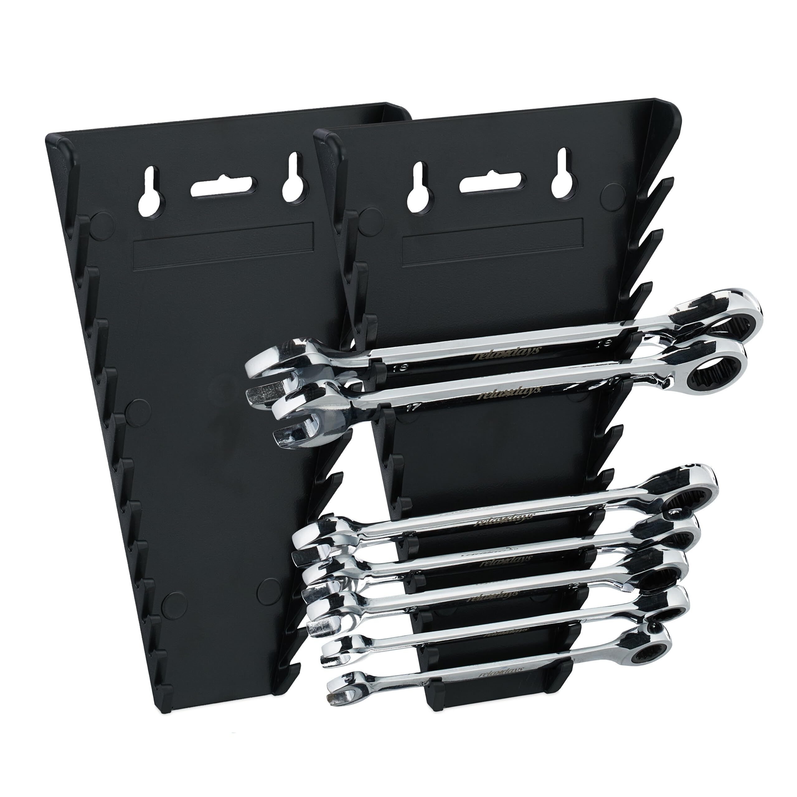 Relaxdays Porta Chiavi Inglesi Magnetico da Parete, Set da 2, 12 Supporti per Attrezzi e Cacciaviti da 6-24 mm, Nero