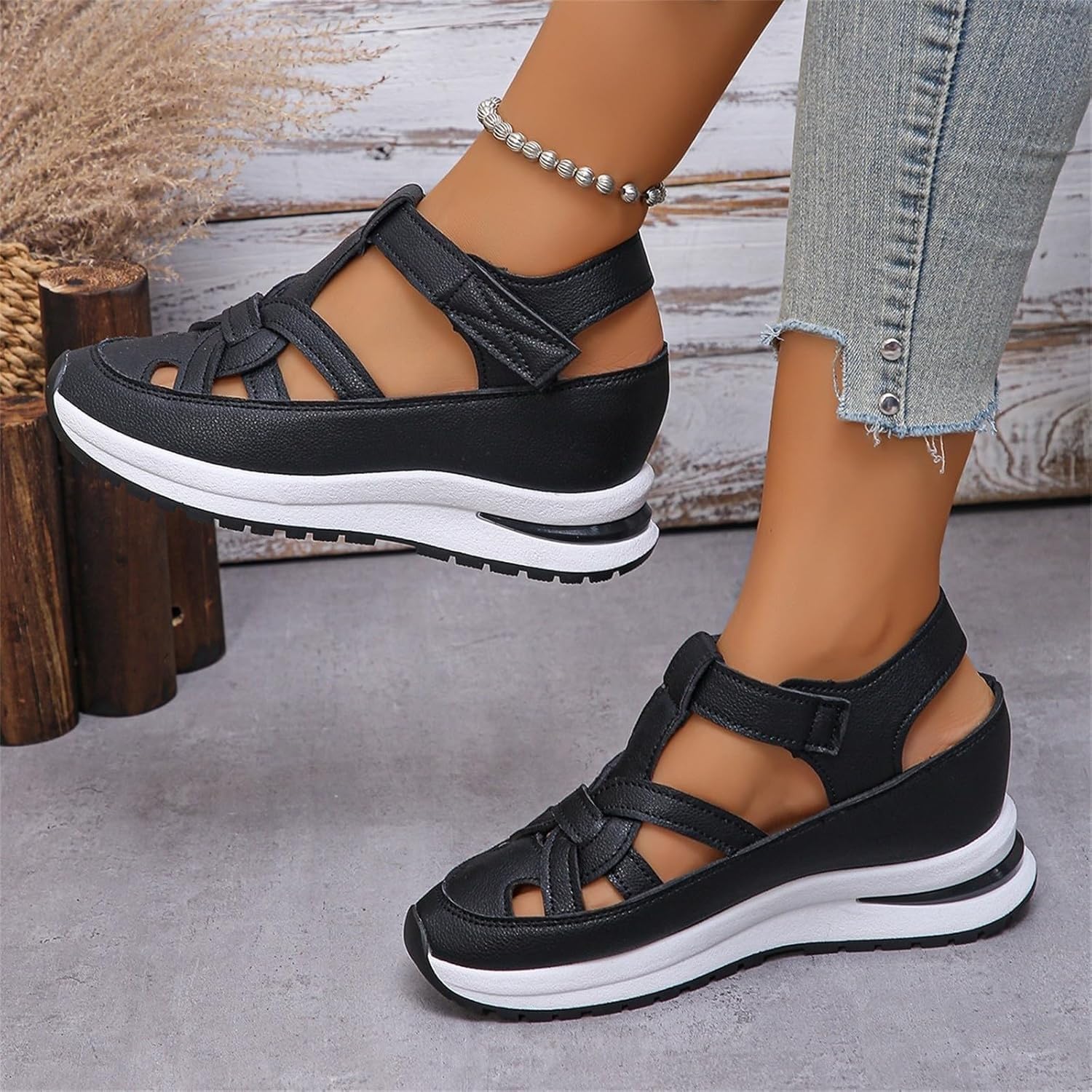Sandalias de cuña de plataforma transpirables para mujer, sandalias de puntera cerrada, sandalias de verano para pescador, zapatos de cuña