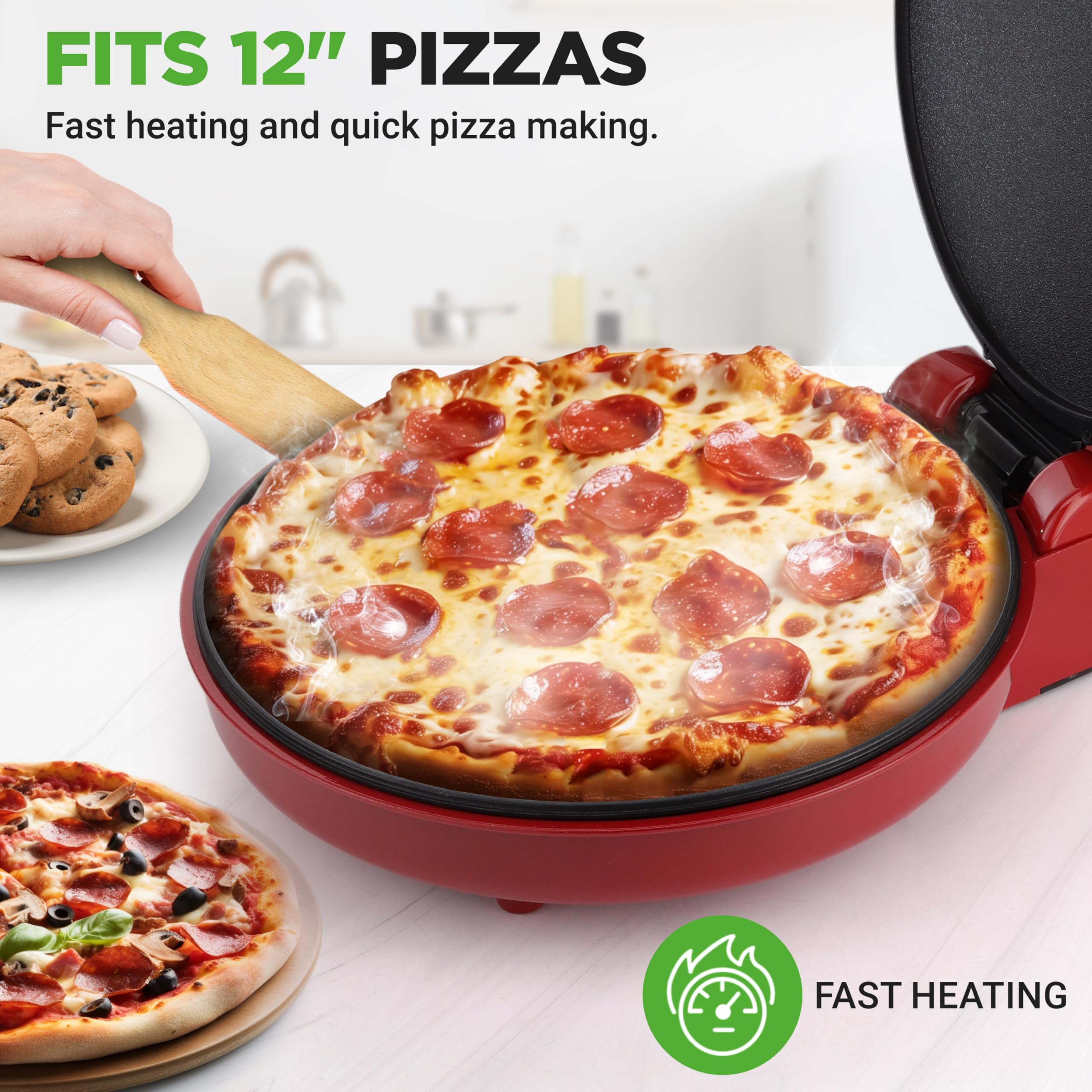 NutriChef Countertop Pizza Maker | 1500W Non-Stick Electric Pizza Cooker | Make 12