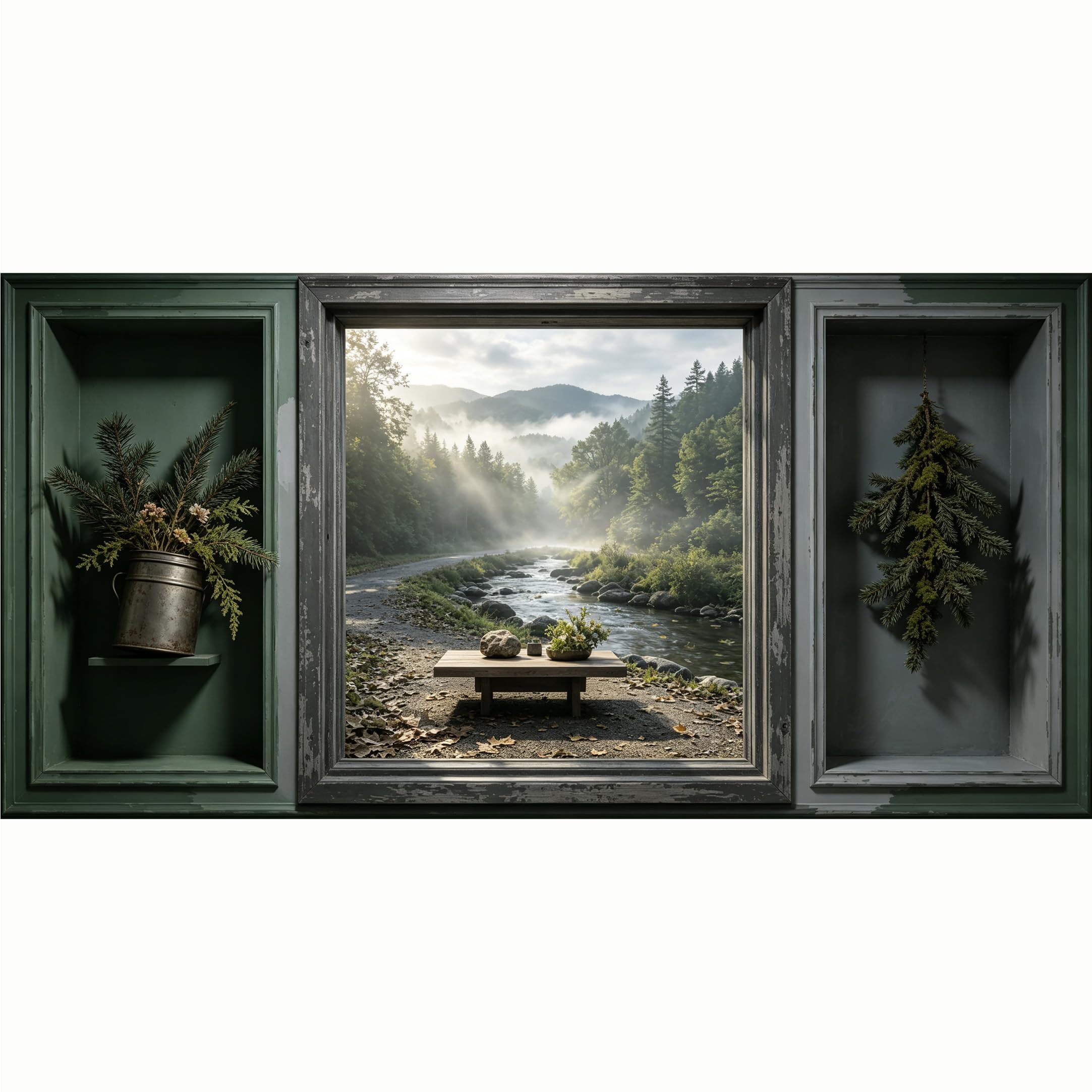QZLITHOTIC 50x100cm 3D Framed Wall Art， Misty Mountain Forest River Landscape SelfAdhesive Mural， WaterActivated Peel & Stick Fabric Decor Wall Decal for Bedroom Living Room