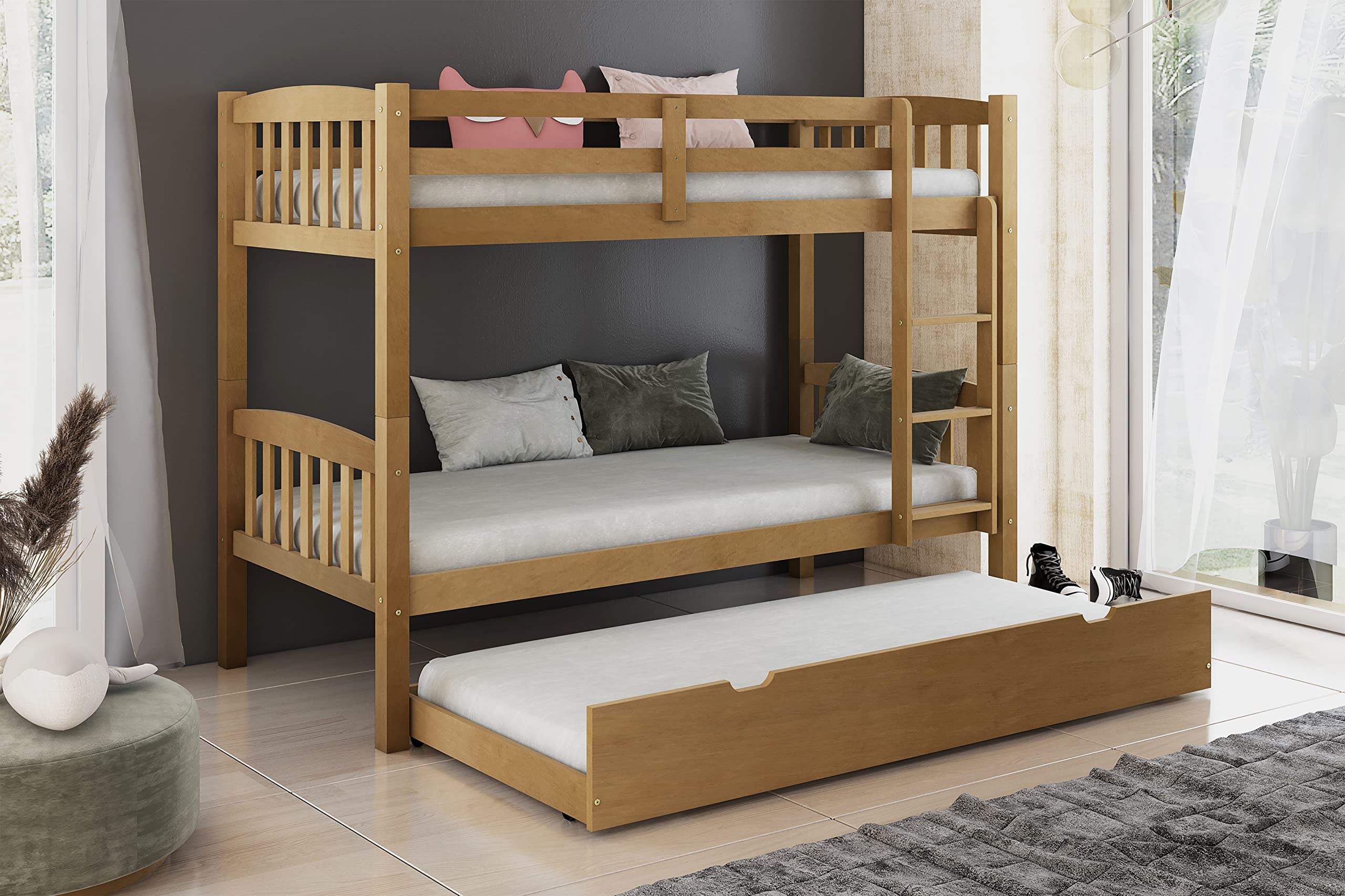 Arredo Stock Letto a castello con terzo letto estraibile in legno di pino massello, 90x190x156 cm (Legno)