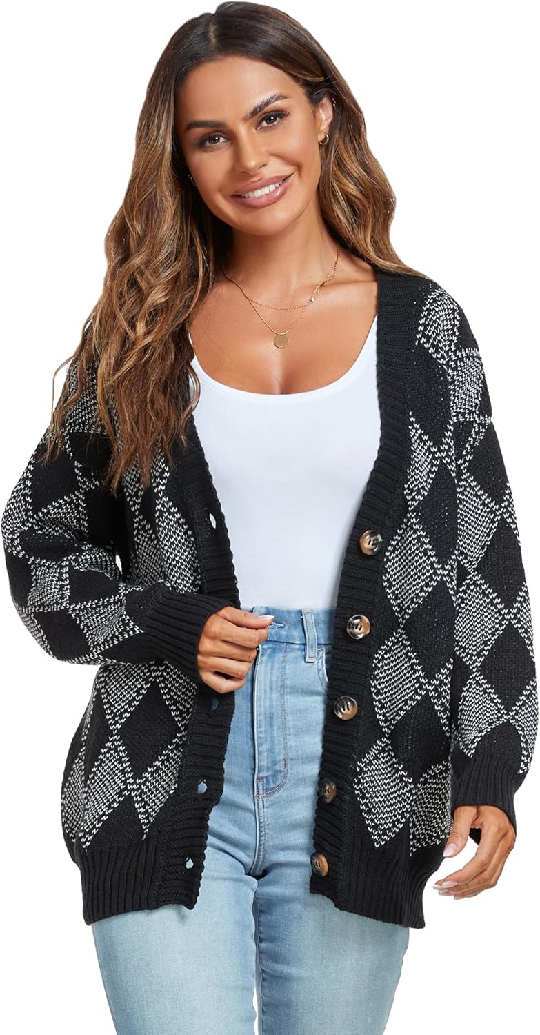 ZAFUL Argyle Plaid Cardigan for Women Button Down Long Sleeve Open Front Warm Preppy Sweaters Black M - Image 7