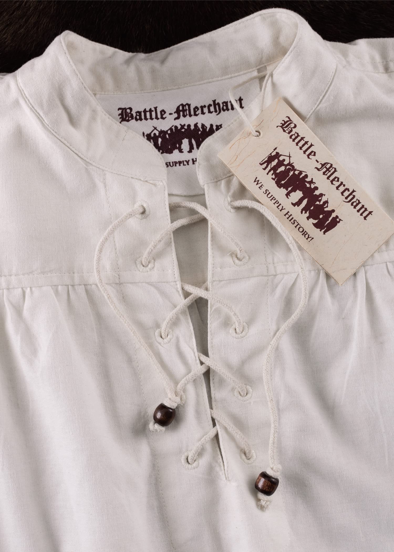 Battle-Merchant - Camicia Medievale Ludwig, da Uomo - Cotone - Taglia Ampia, Allacciatura, Collo Alto, Maniche Lunghe - Larp, Vichingo