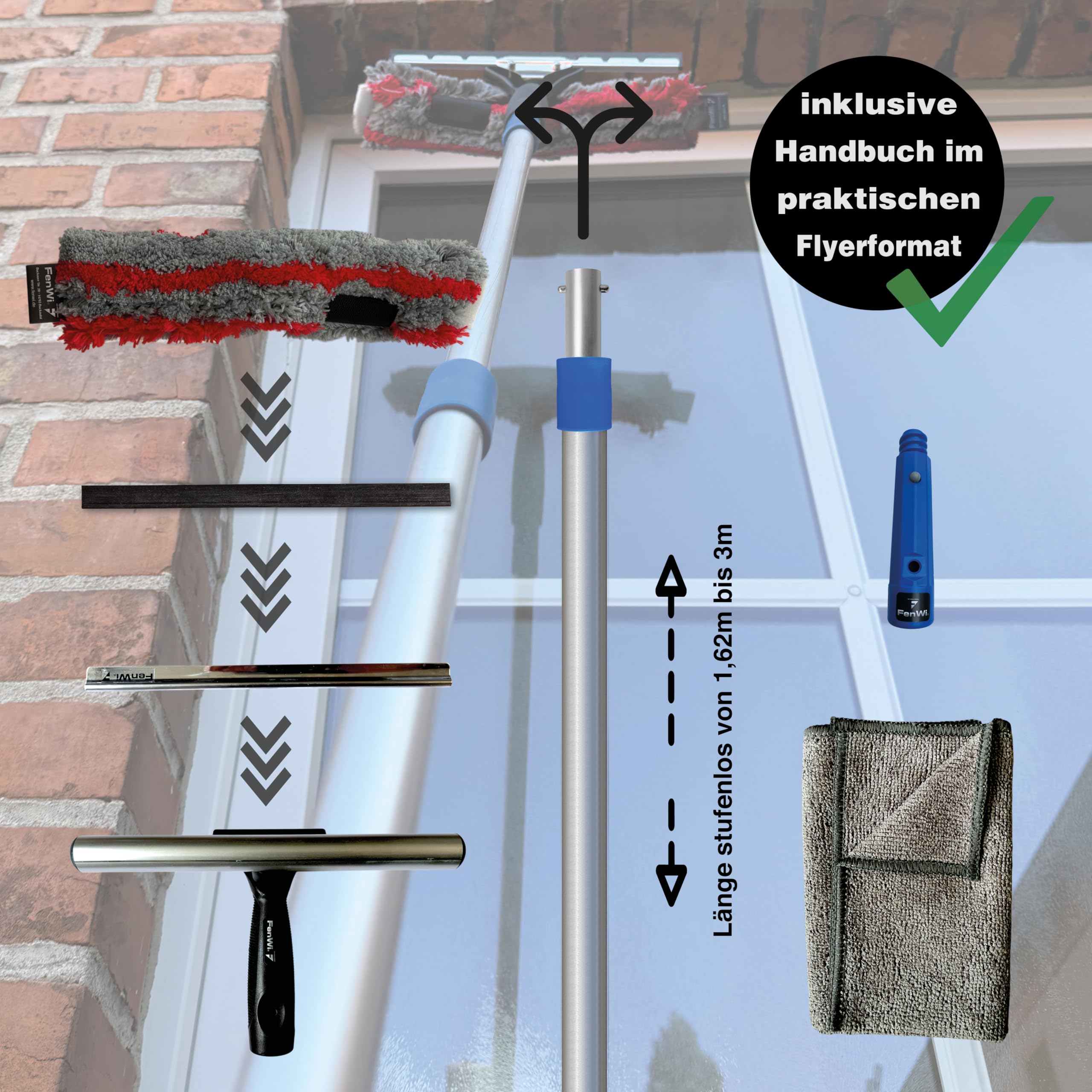 FenWi 3m Teleskop Fensterputzer Profi Set mit 25/30cm Kombi Einwascher/Abzieher, Gummilippe, Kombi Fensterwischer und 300cm Alu Teleskopstange für Wintergarten Fenster und Solaranlagen Reinigung