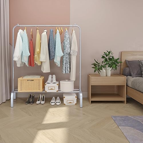 Miniatura 3 de JIUYOTREE Perchero de metal para ropa de 43.3 pulgadas con estante inferior, perchero para colgar ropa, abrigos, faldas, camisas, suéteres, gris