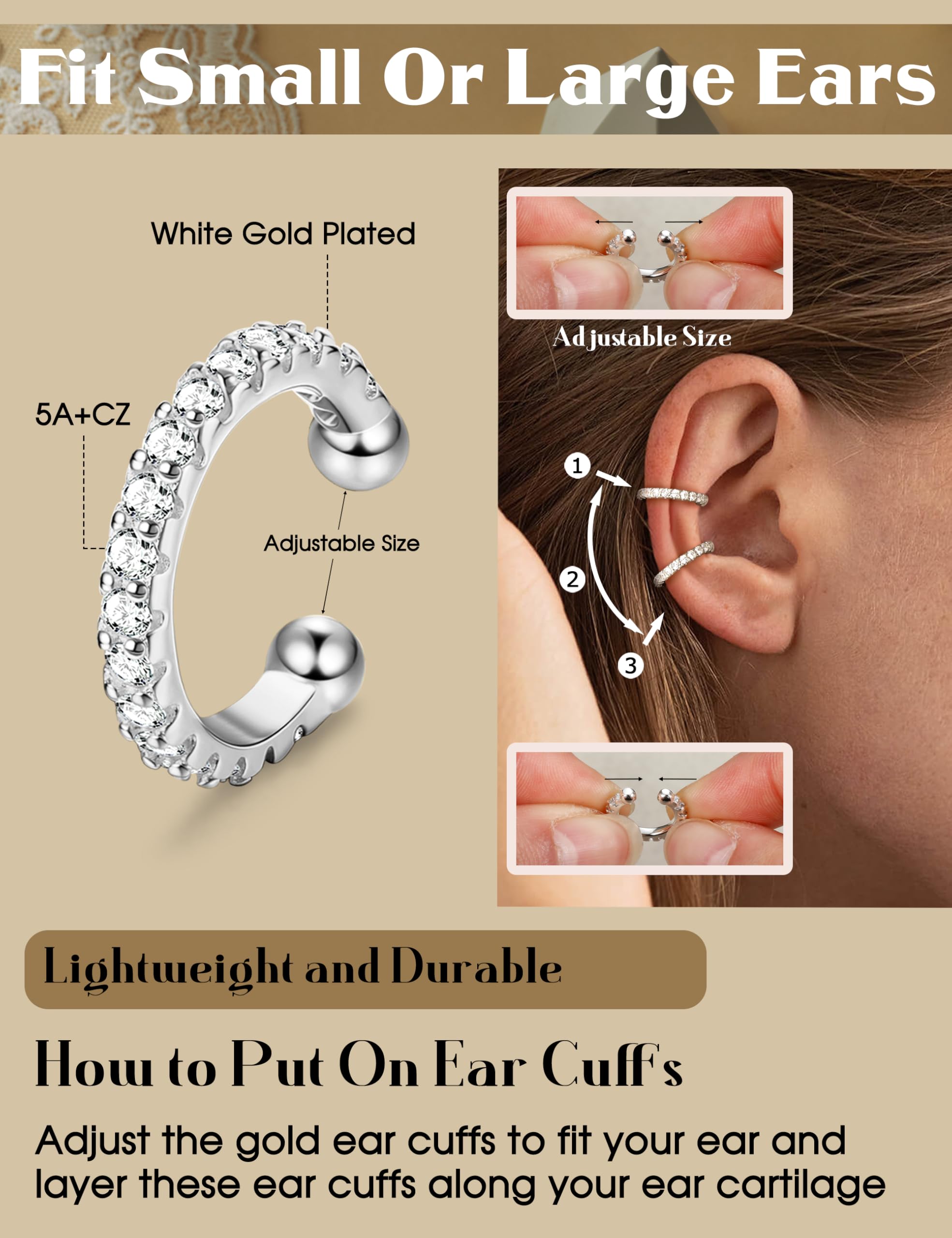 ADRAMATA 4 Paia Ear Cuff Orecchini Senza Buco Donna - Regolabili Clip in Oro 14K/Argento, Orecchini Finti Ipoallergenici per Cartilagine, Non Piercing Earcuffs con Custodia Regalo