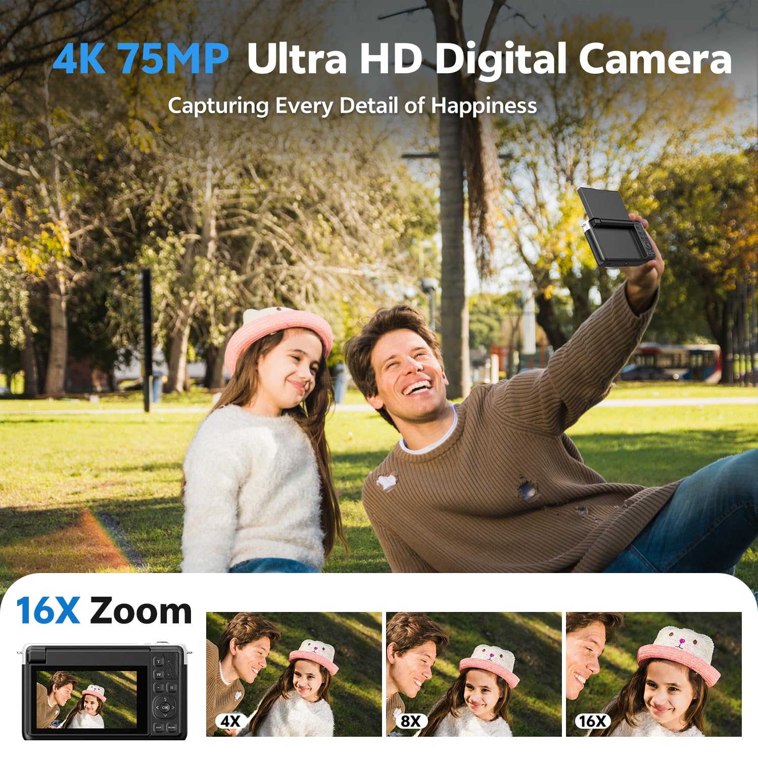 Cámara digital para fotografía, cámaras de vlogging 4K de 75 MP, zoom de 16 x cámara de enfoque automático con pantalla abatible de 3 pulgadas de 180°, cámaras digitales portátiles para principiantes