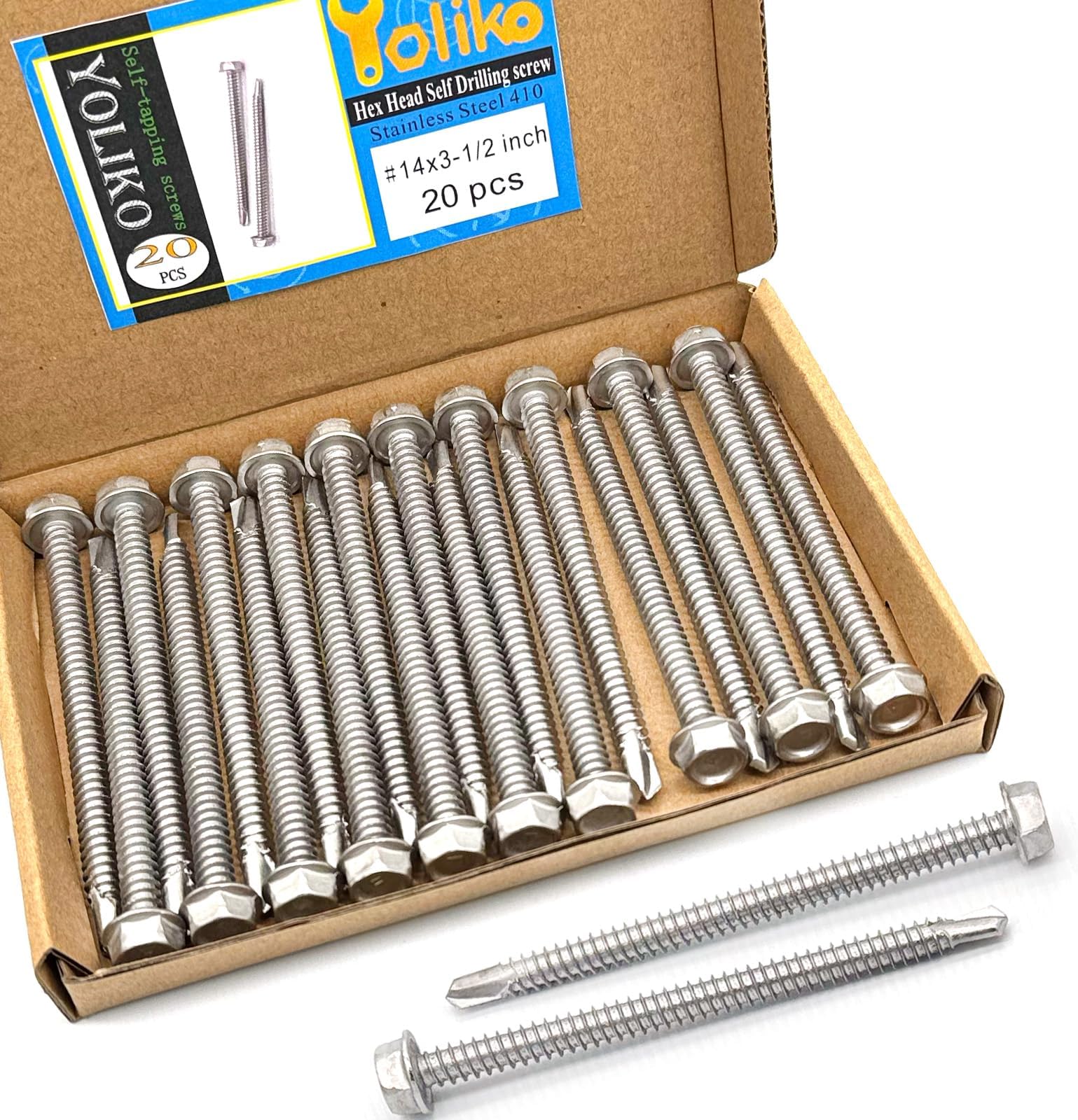 #14 x 3-1/2" (1" to 3-1/2" Available) Hex Washer Head Self Drilling Screws, 410 Stainless Steel, Self Tapping Sheet Metal Tek Screws, 20 PCS
