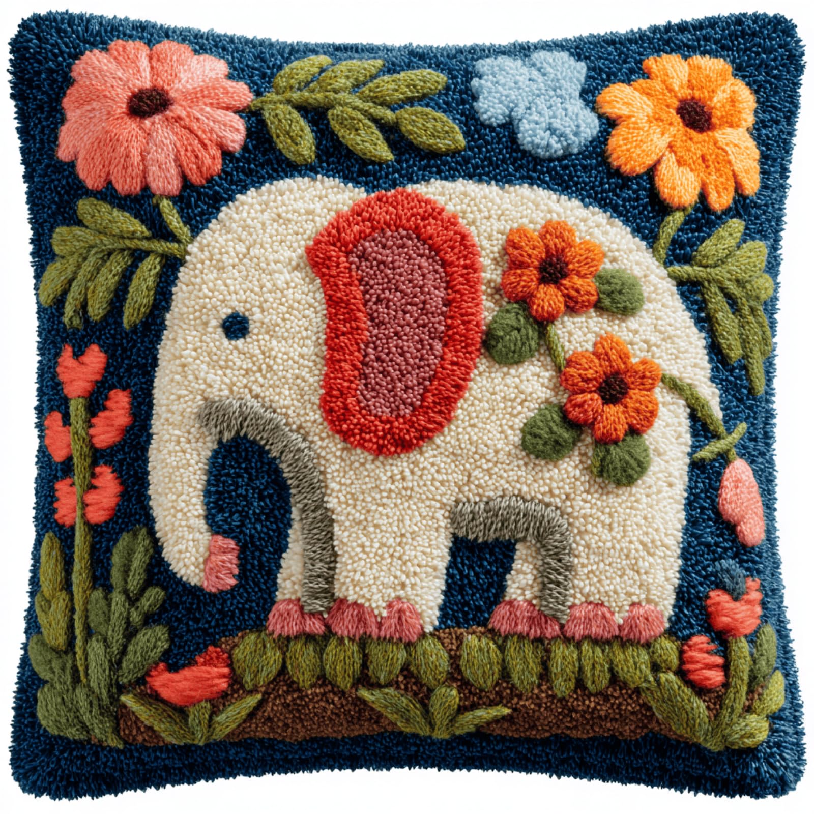kitphoenix DIY Cushion Making Kit,Latch Hook Cushion Kit 43x43 cm with Colour Printed Canvas,Pre-Cut Yarn,Crochet Hook and Step-by-Step Instructions for Beginners and Adults,Baby Elephant and Flower