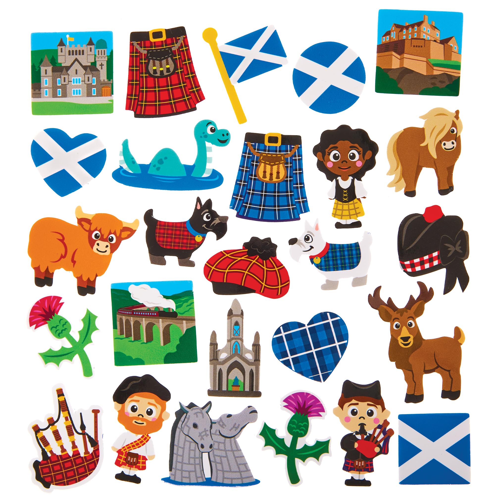 Baker Ross FX991 Scotland Foam Stickers - Pack of 150, 25mm-45mm, Assorted Designs, Foam Stickers, Craft Embellishments