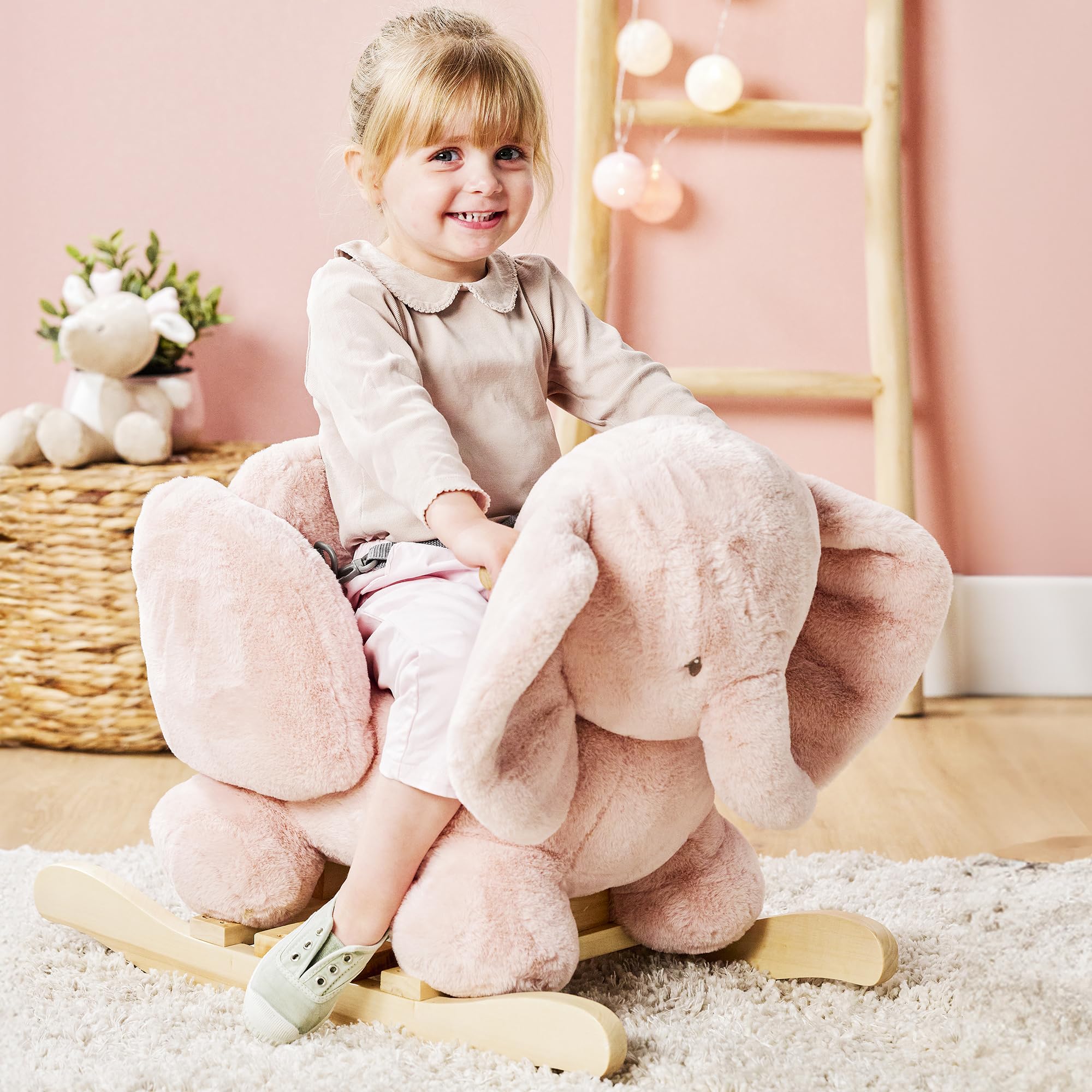 Nattou Schaukeltier, Elefant, Inkl. Sicherheitsgurt, Fröhliches Hin- und Herschaukeln, 100% Polyester, FanFan, Altrosa