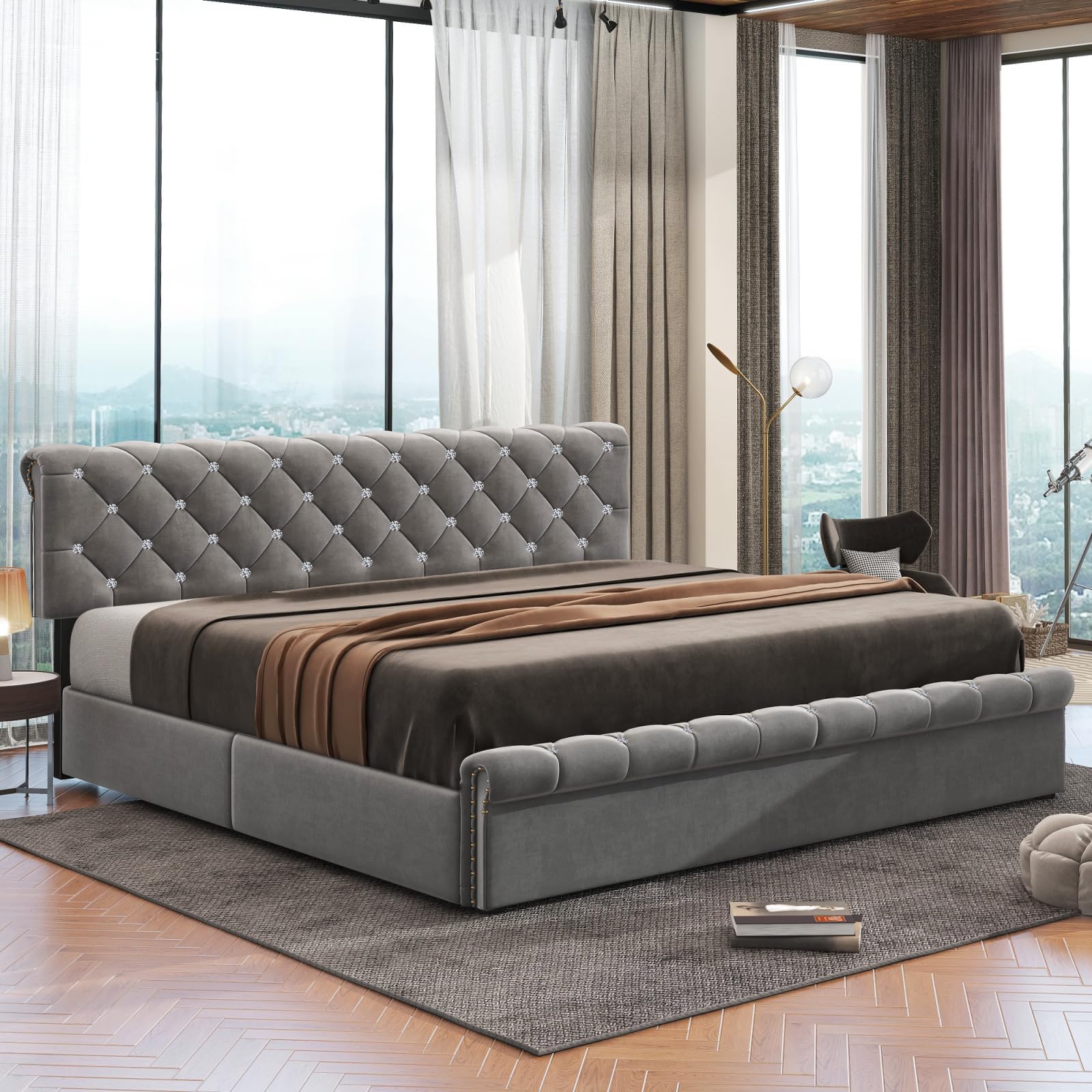 Ymkua Letto Matrimoniale 160x200 cm Imbottito con Contenitore, LED e Ricarica USB, Idraulica Struttura con Rete a Doghe in Legno, Testiera Regolabile, PU, Grigio Senza Materasso